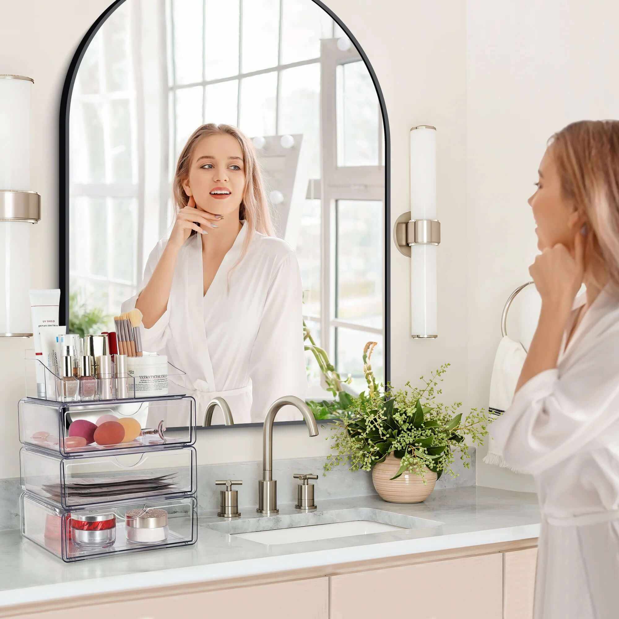 4 Tier Clear Makeup Organizer with Drawer, Plastic Cosmetic Storage, Beauty Holder