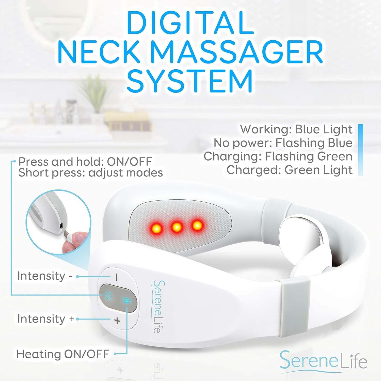 Smart Neck Massager with Heat - Cordless Rechargeable Trigger Point Deep Tissue Portable Neck Massager W/ Heat Vibration, for Men & Women - SLNKMSG120, White