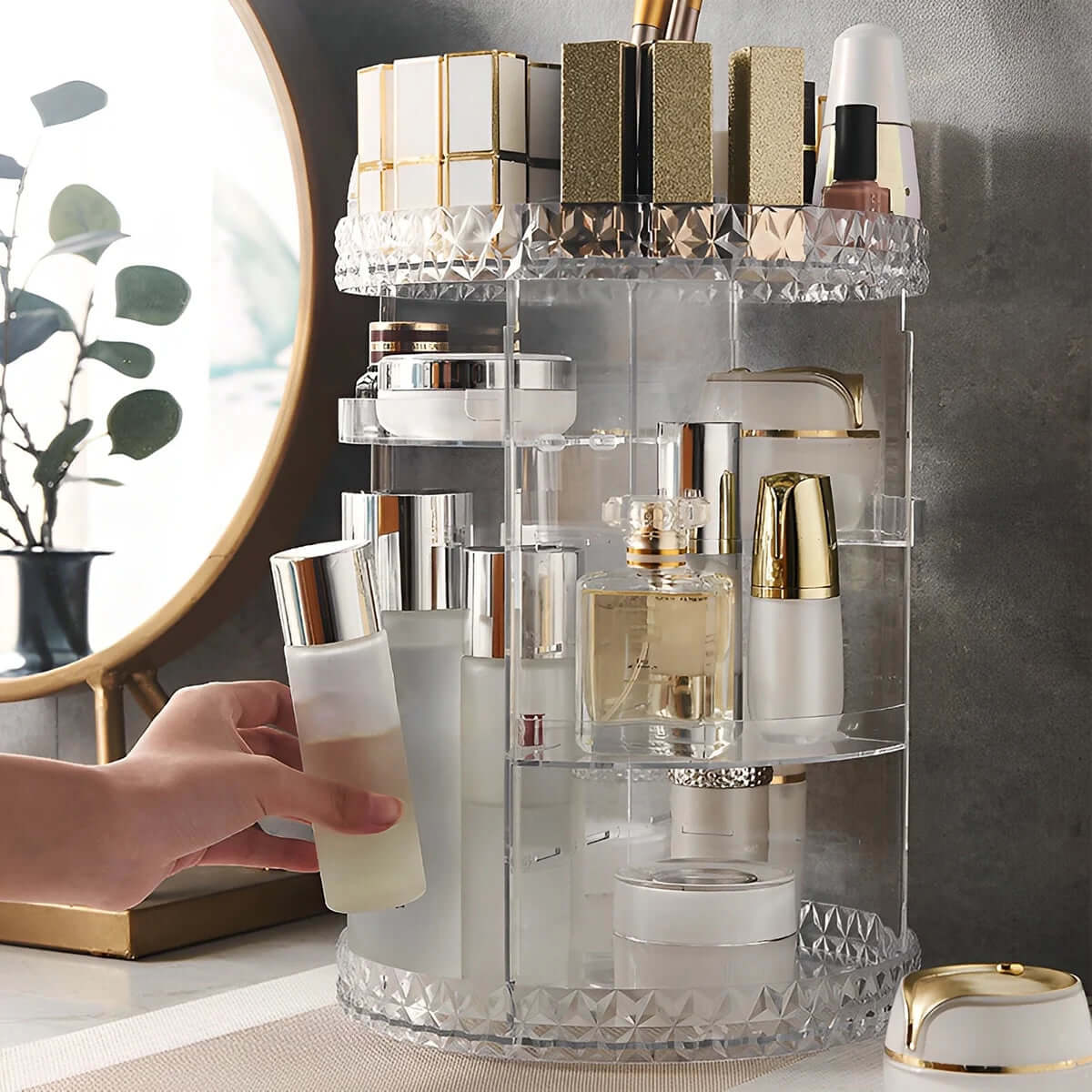 3 Tiers Rotating Makeup Organizer with Compartment 360° Spinning Makeup Stand Reusable Spinning Storage Display Case Clear