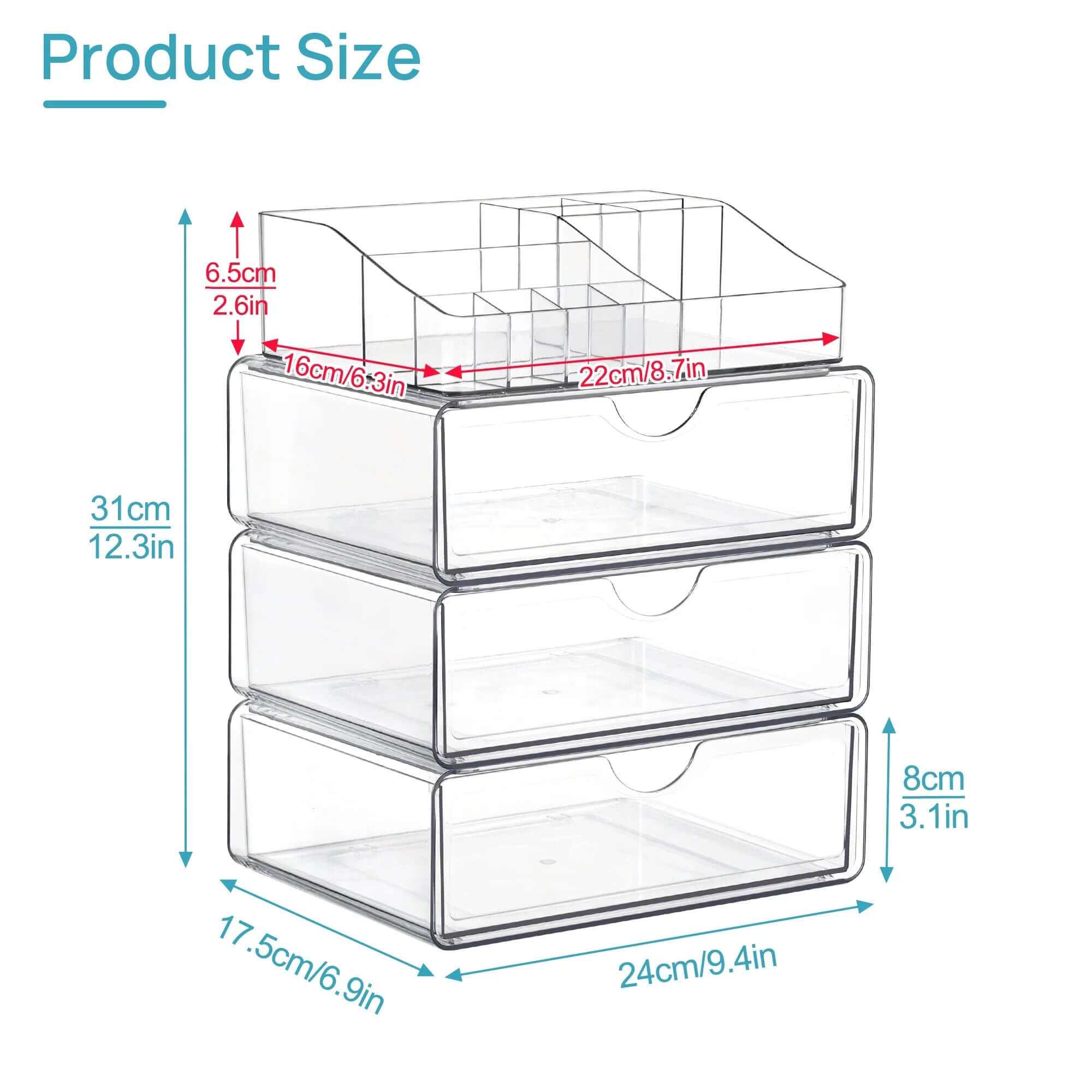 4 Tier Clear Makeup Organizer with Drawer, Plastic Cosmetic Storage, Beauty Holder