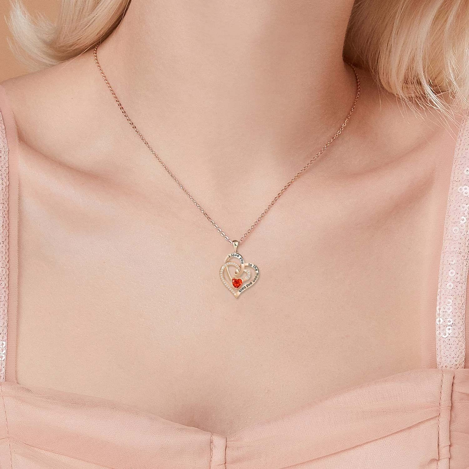 Heart Necklace for Women 925 Sterling Sliver Birthstone Heart Jewelry I Love You to the Moon and Back Necklaces for Mother Girlfriend Wife with Jewelry Gift Box