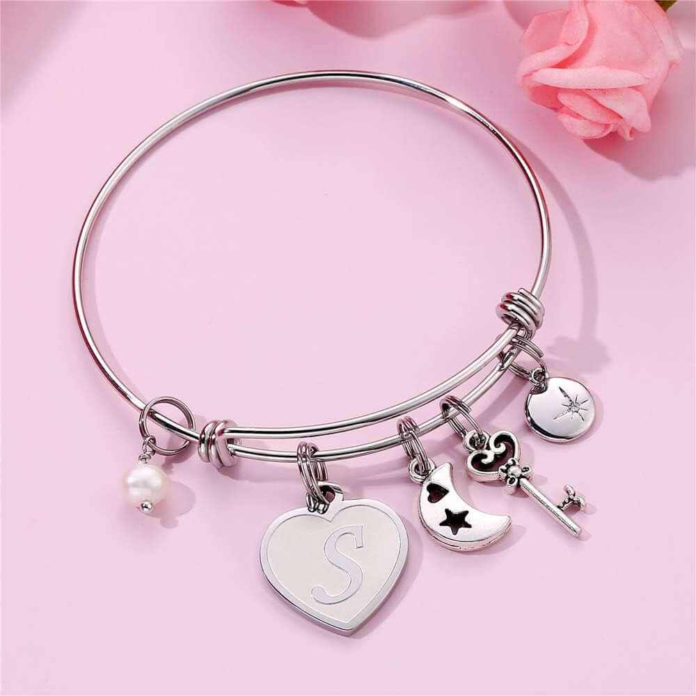 Initial Charm Bracelets for Women Gifts - Engraved 26 Letters Initial Charms Bracelet Stainless Steel Bangle Bracelet Birthday Christmas Jewelry Gift for Women Teen Girls