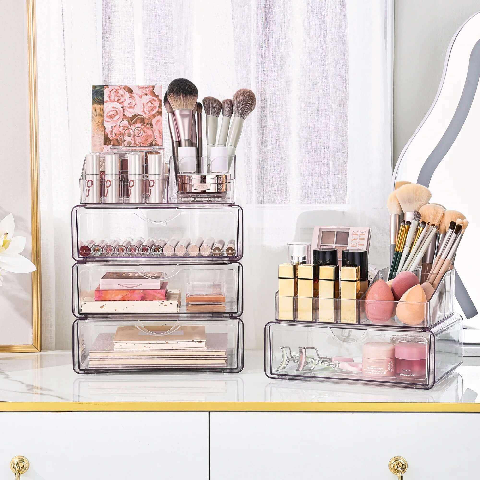 4 Tier Clear Makeup Organizer with Drawer, Plastic Cosmetic Storage, Beauty Holder