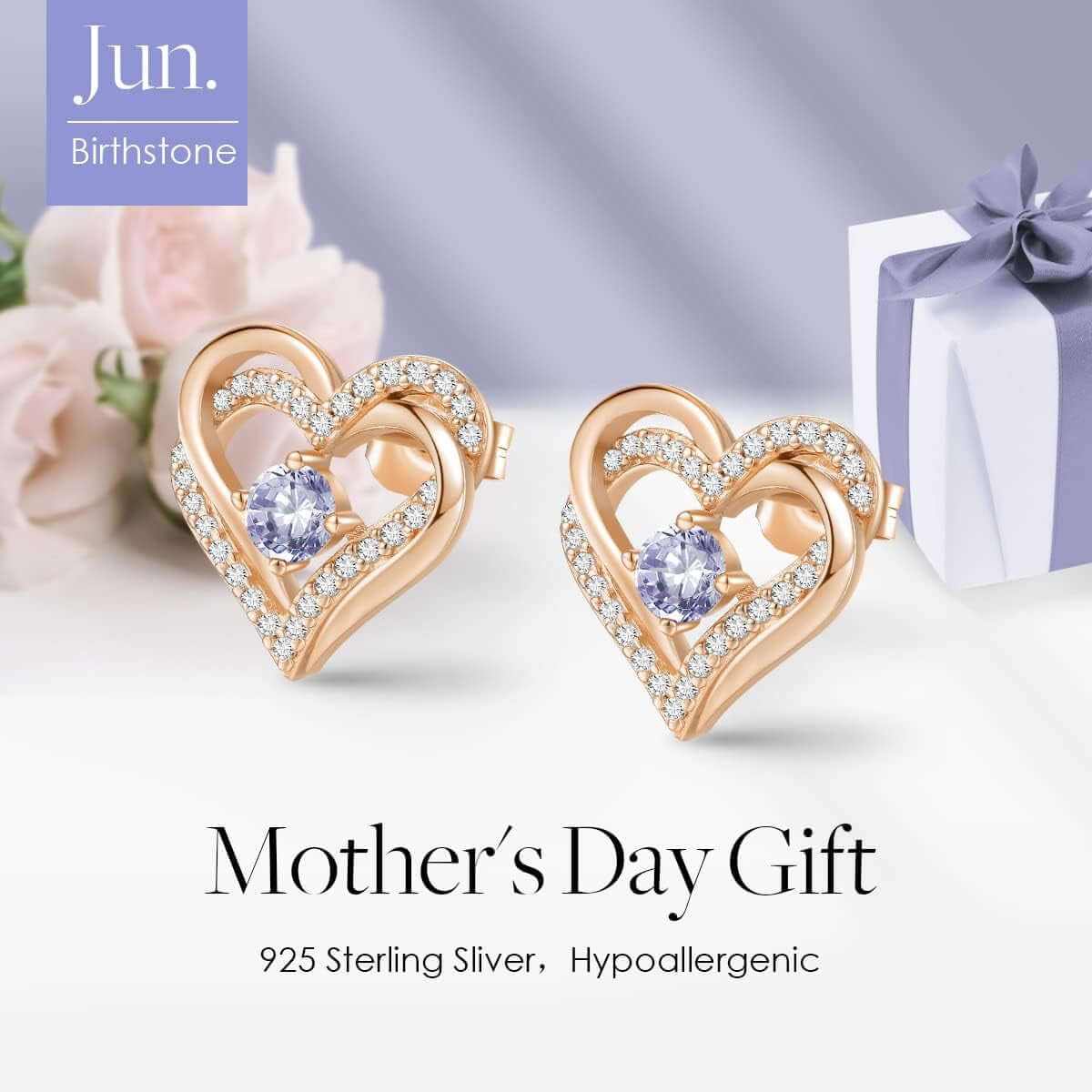 Forever Love Heart Stud Earrings for Women, 925 Sterling Silver Birthstone Heart Stud Earrings Mother&