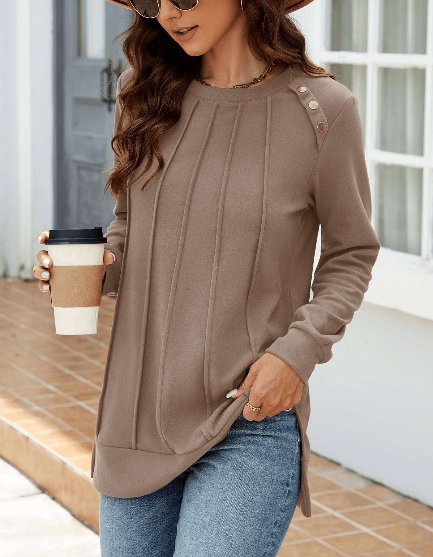 Odosalii Womens Long Sleeve Tops Crewneck Sweatshirts Pleated Front Sweaters Plain Shirts Trendy Side Split Fall Outfits