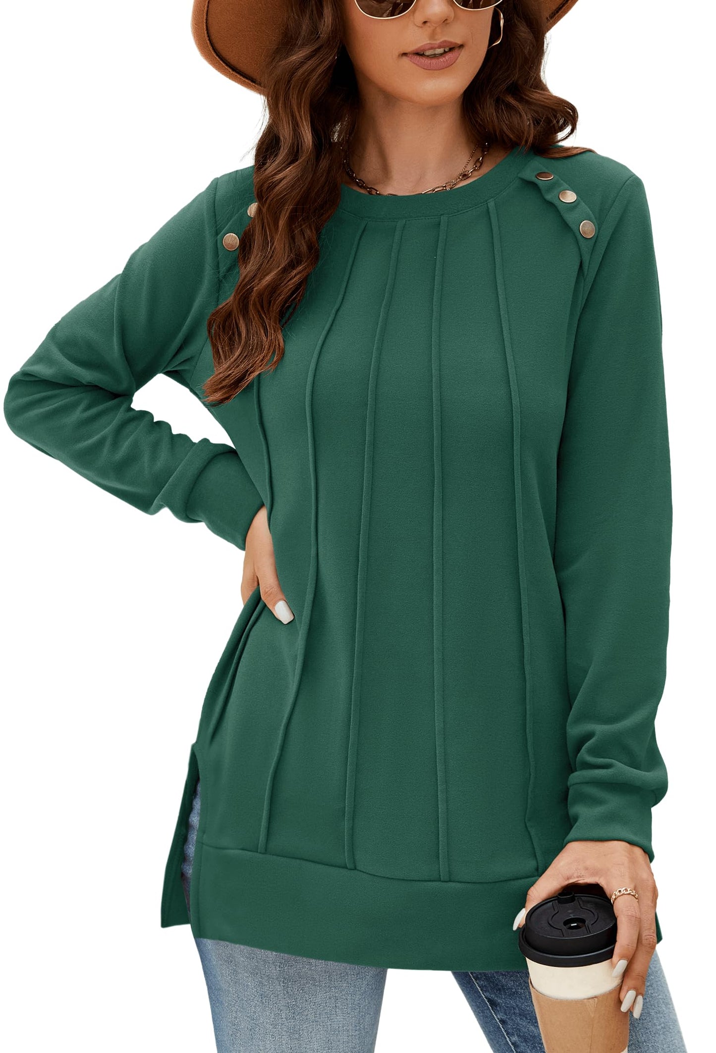 Odosalii Womens Long Sleeve Tops Crewneck Sweatshirts Pleated Front Sweaters Plain Shirts Trendy Side Split Fall Outfits