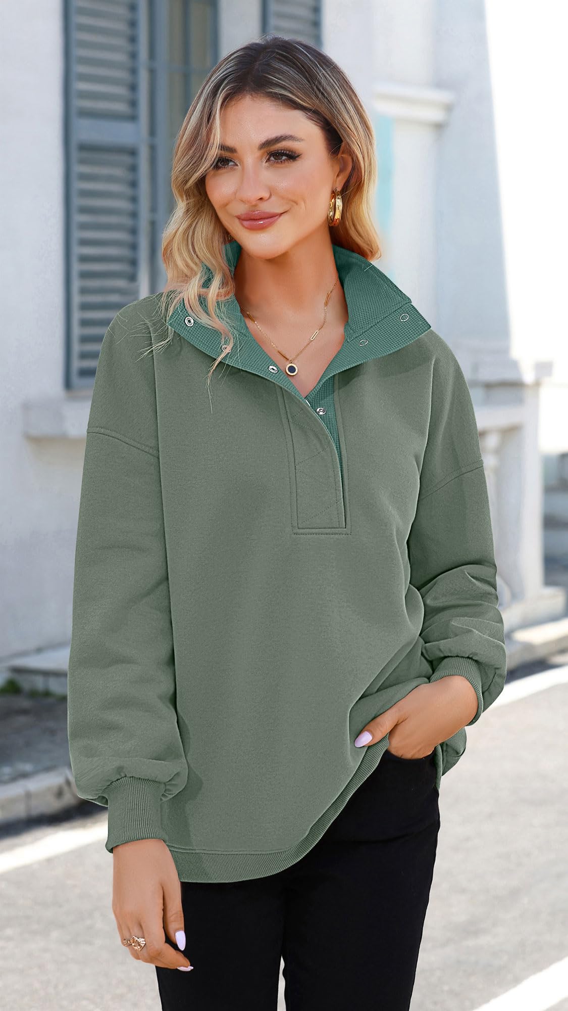 Soesdemo Oversized Sweatshirts for Women No Hood Mock Neck Fleece Lined Waffle Long Sleeve Button Pullover Tunic Sweatshirt