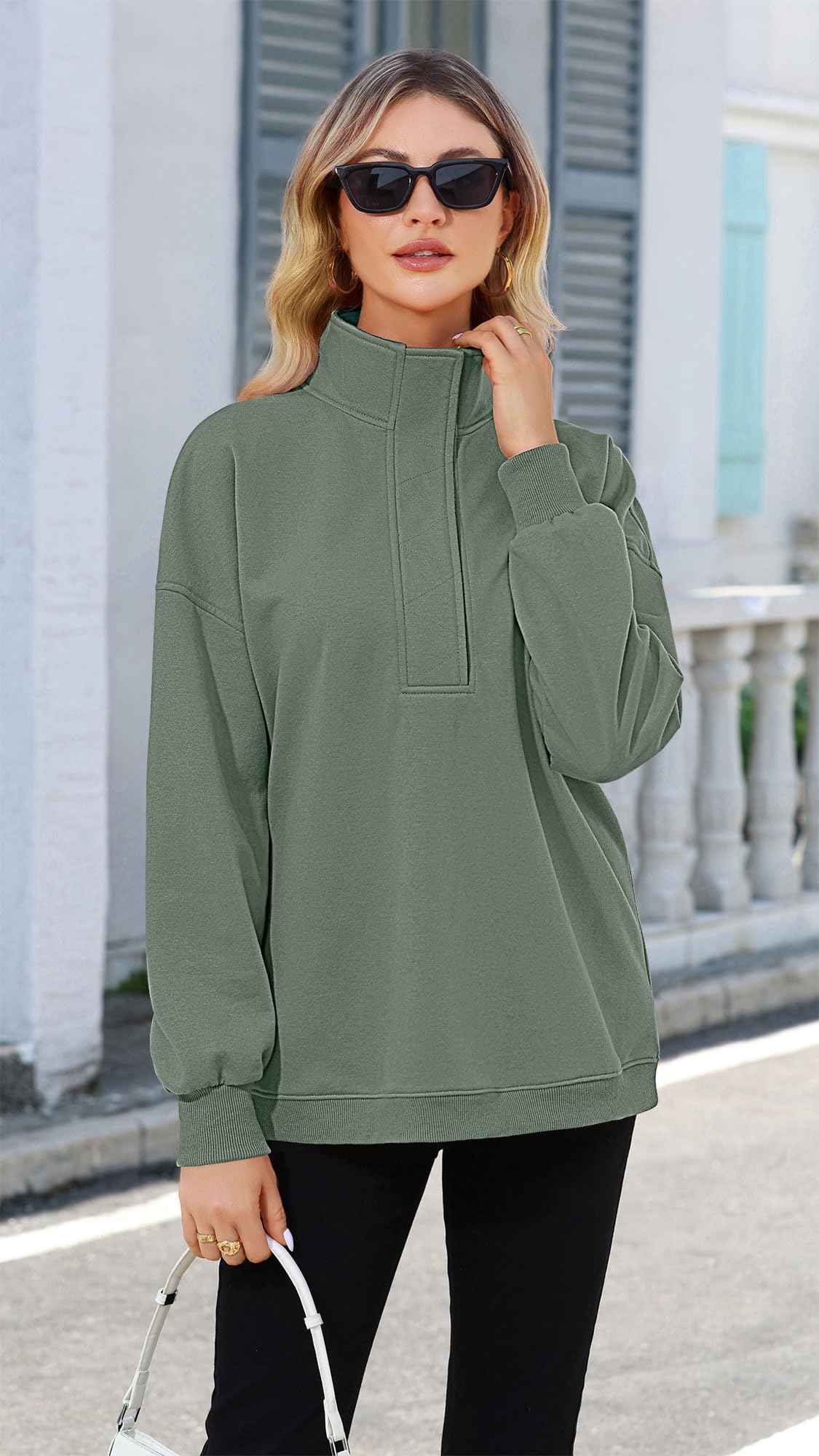 Soesdemo Oversized Sweatshirts for Women No Hood Mock Neck Fleece Lined Waffle Long Sleeve Button Pullover Tunic Sweatshirt