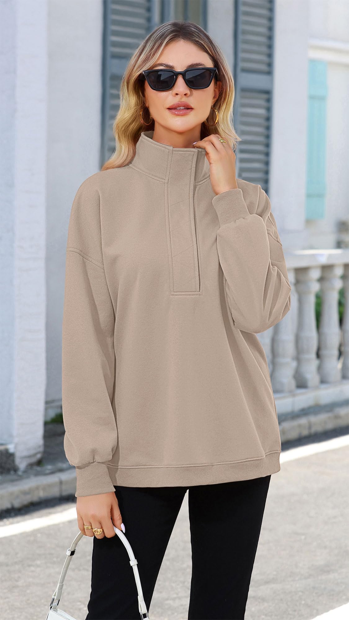 Soesdemo Oversized Sweatshirts for Women No Hood Mock Neck Fleece Lined Waffle Long Sleeve Button Pullover Tunic Sweatshirt