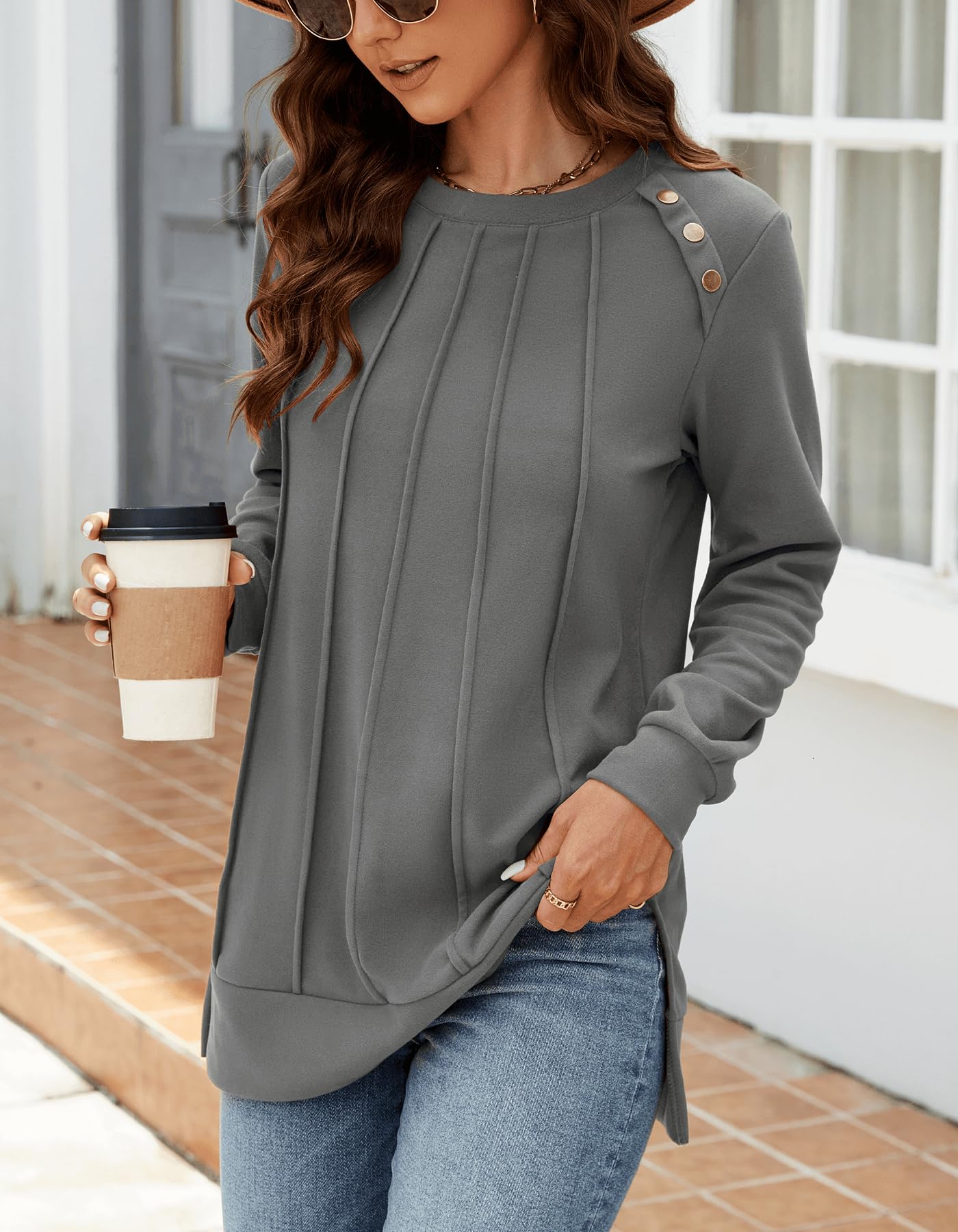 Odosalii Womens Long Sleeve Tops Crewneck Sweatshirts Pleated Front Sweaters Plain Shirts Trendy Side Split Fall Outfits