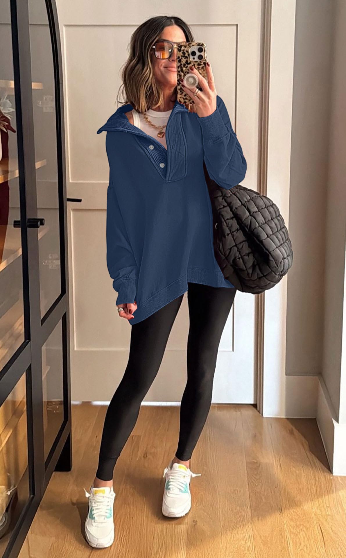 Soesdemo Oversized Sweatshirts for Women No Hood Mock Neck Fleece Lined Waffle Long Sleeve Button Pullover Tunic Sweatshirt