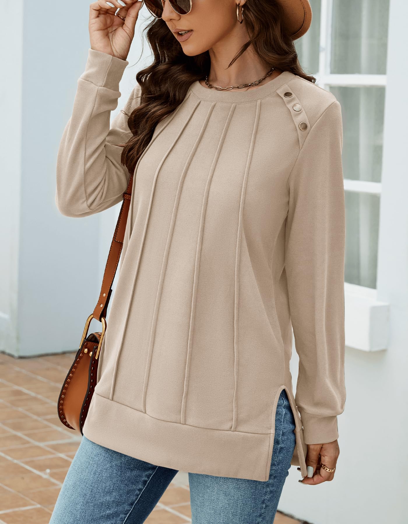Odosalii Womens Long Sleeve Tops Crewneck Sweatshirts Pleated Front Sweaters Plain Shirts Trendy Side Split Fall Outfits
