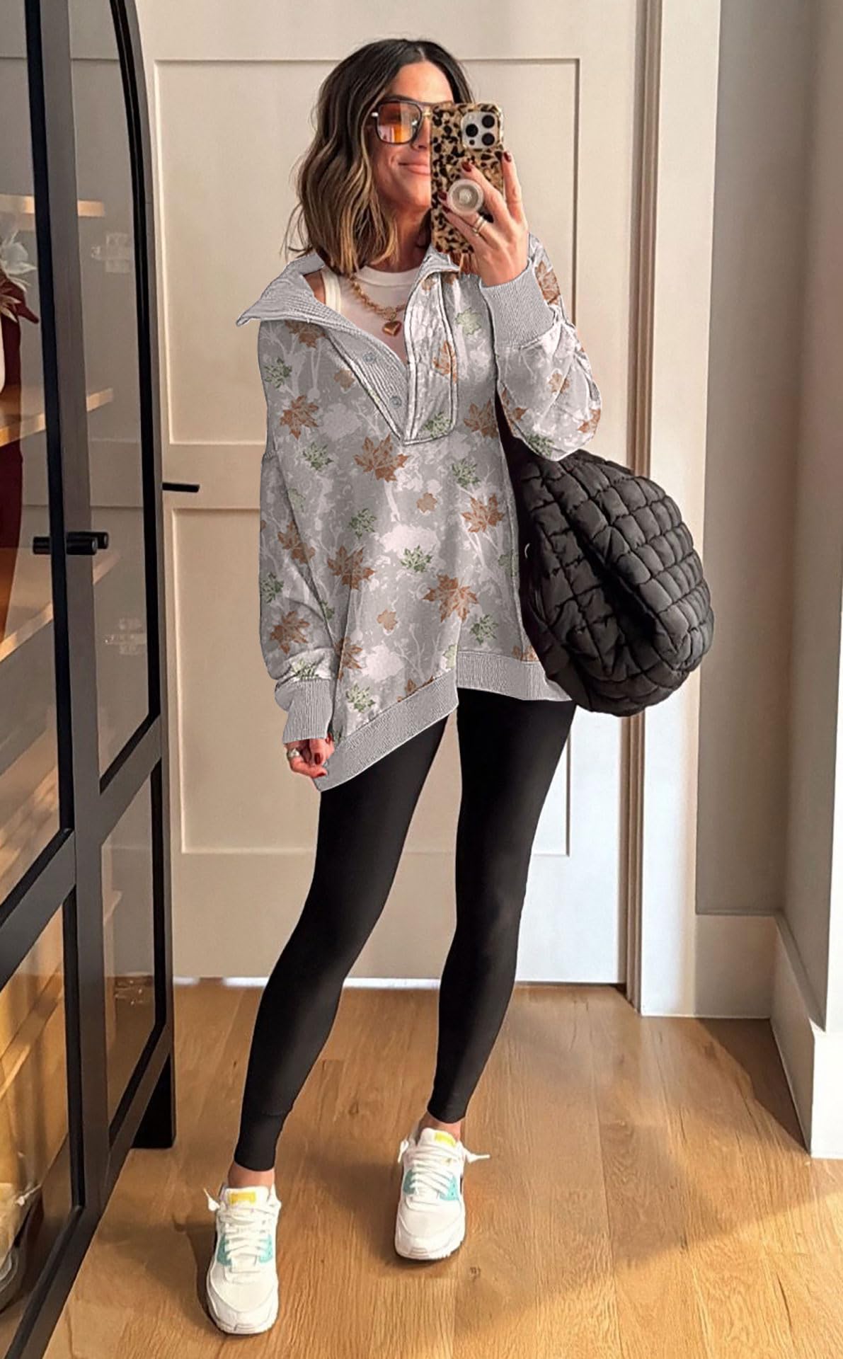 Soesdemo Oversized Sweatshirts for Women No Hood Mock Neck Fleece Lined Waffle Long Sleeve Button Pullover Tunic Sweatshirt