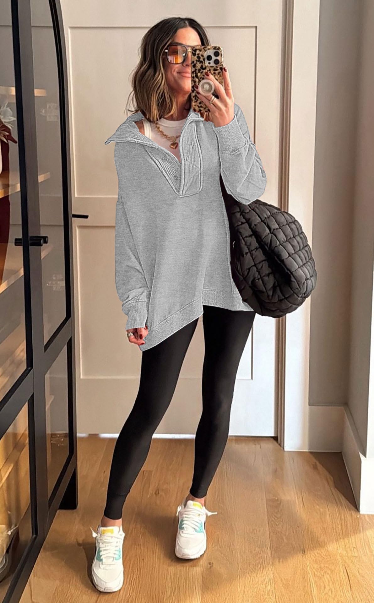Soesdemo Oversized Sweatshirts for Women No Hood Mock Neck Fleece Lined Waffle Long Sleeve Button Pullover Tunic Sweatshirt