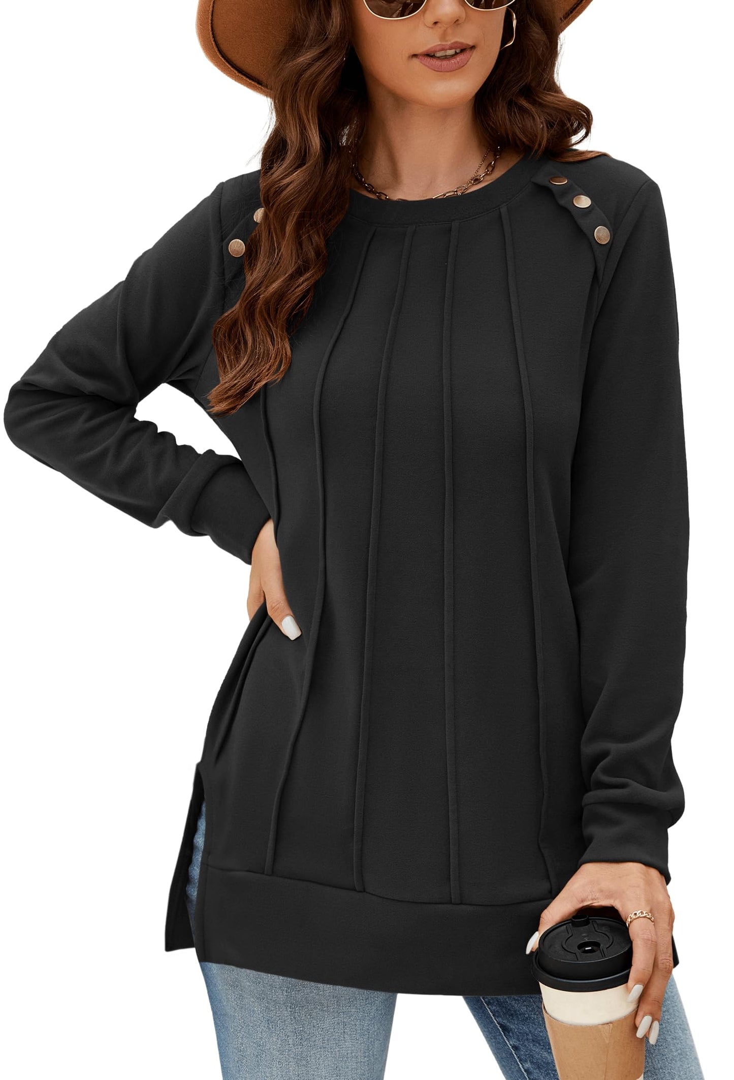 Odosalii Womens Long Sleeve Tops Crewneck Sweatshirts Pleated Front Sweaters Plain Shirts Trendy Side Split Fall Outfits