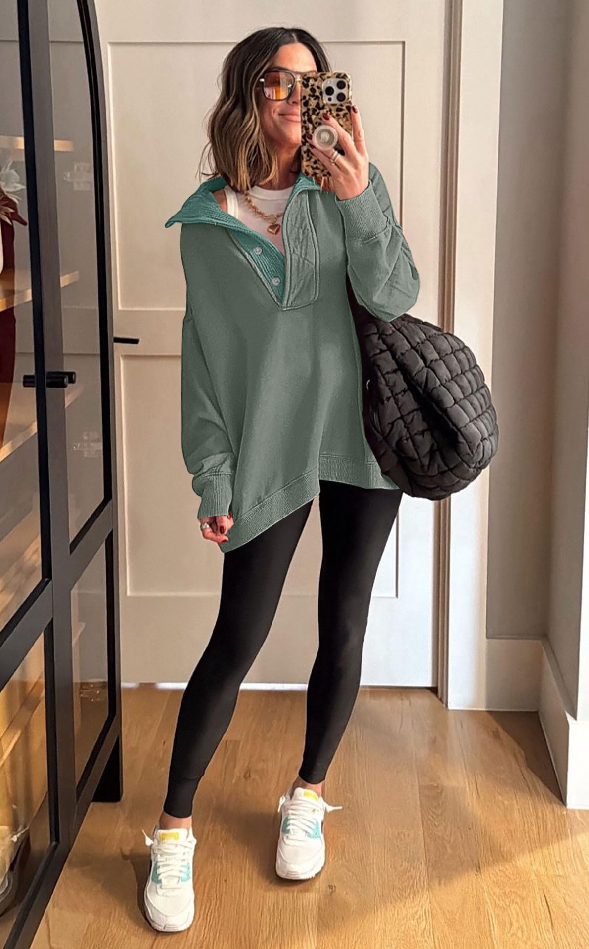 Soesdemo Oversized Sweatshirts for Women No Hood Mock Neck Fleece Lined Waffle Long Sleeve Button Pullover Tunic Sweatshirt