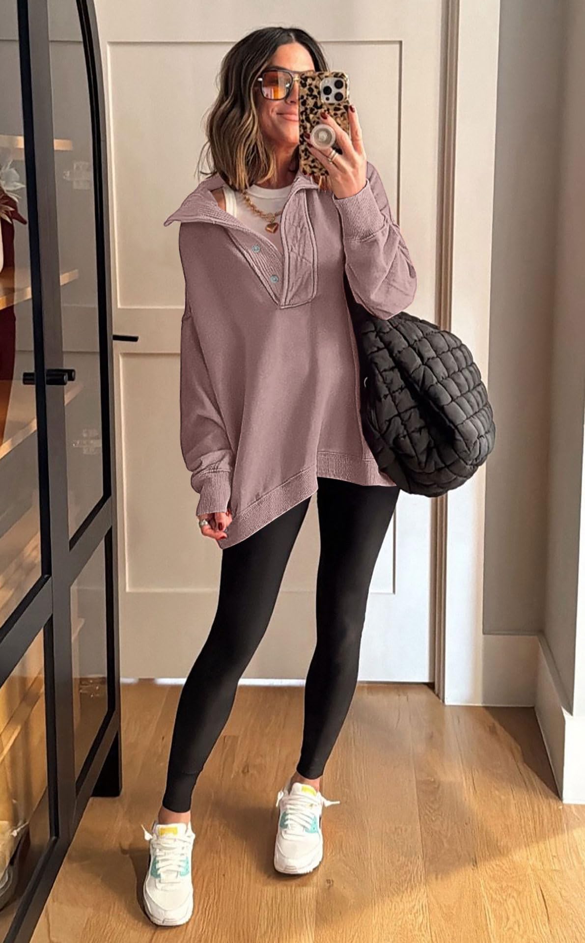 Soesdemo Oversized Sweatshirts for Women No Hood Mock Neck Fleece Lined Waffle Long Sleeve Button Pullover Tunic Sweatshirt