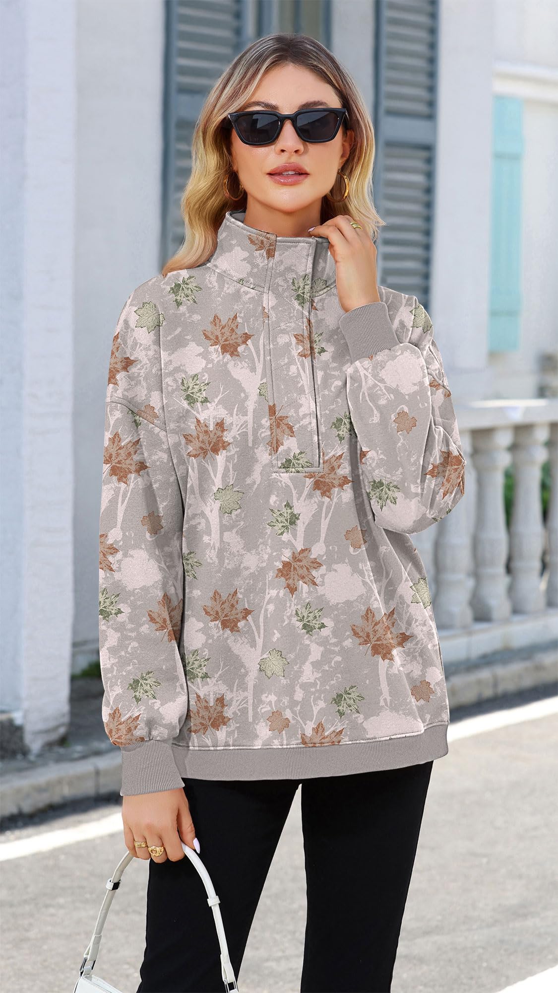 Soesdemo Oversized Sweatshirts for Women No Hood Mock Neck Fleece Lined Waffle Long Sleeve Button Pullover Tunic Sweatshirt