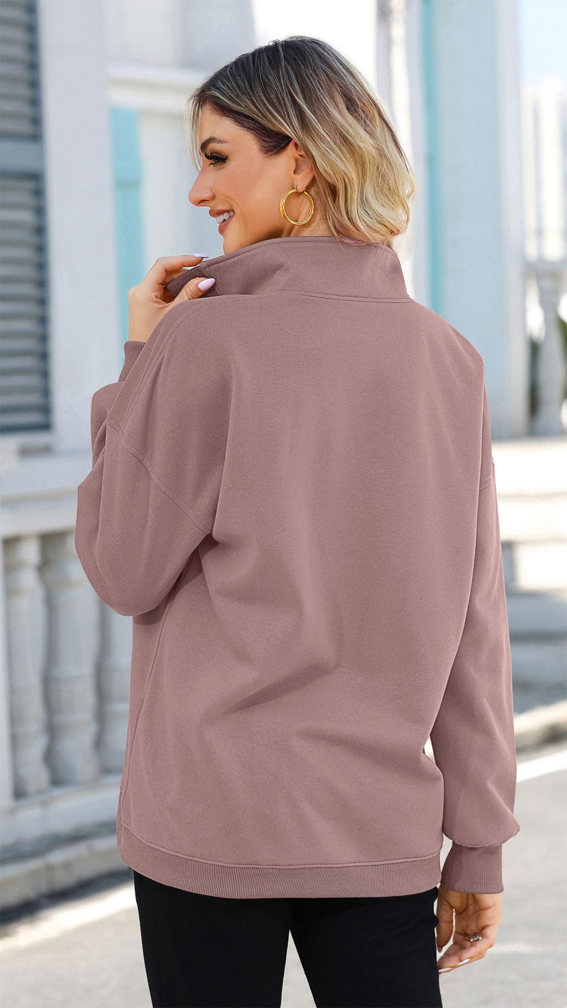 Soesdemo Oversized Sweatshirts for Women No Hood Mock Neck Fleece Lined Waffle Long Sleeve Button Pullover Tunic Sweatshirt