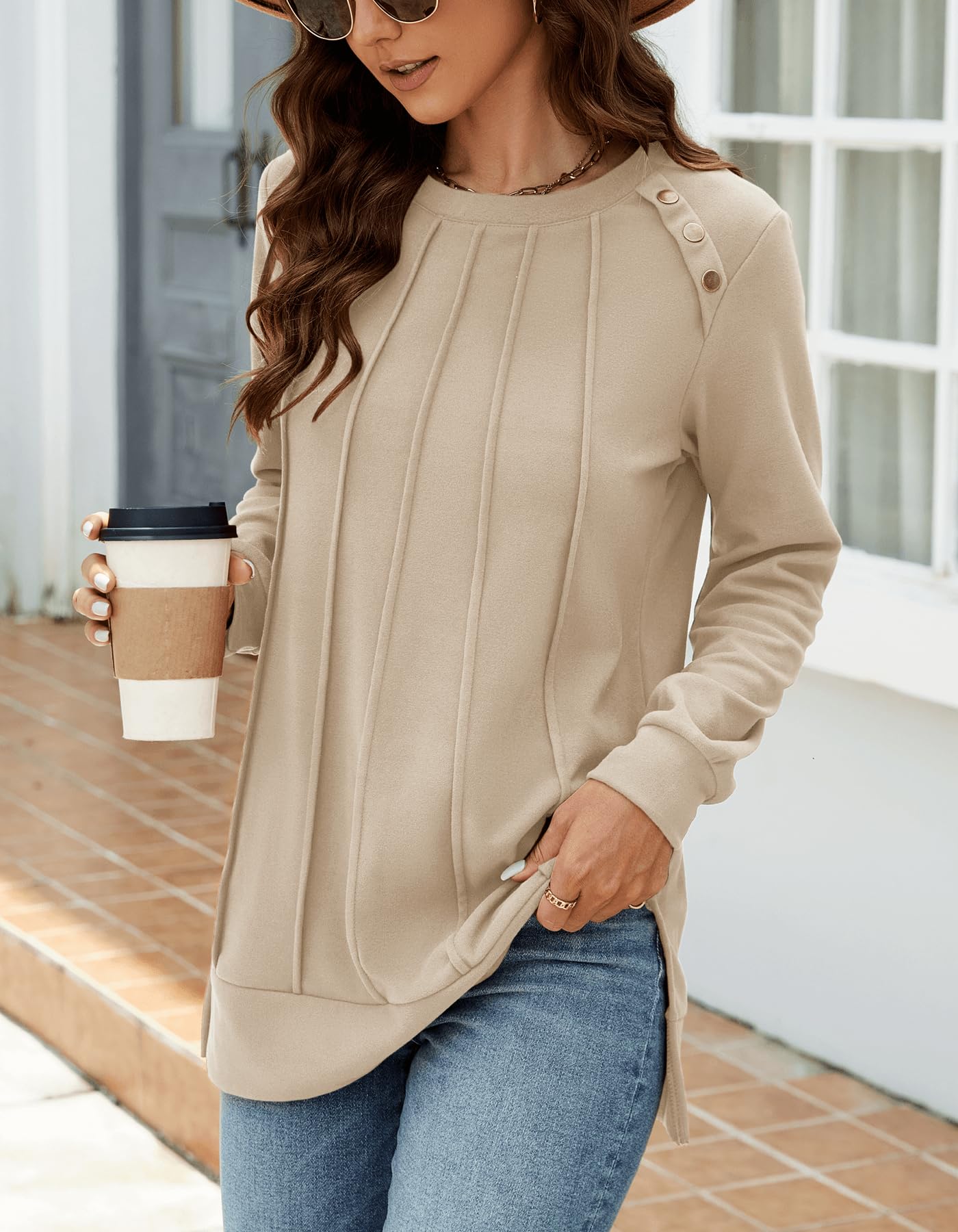 Odosalii Womens Long Sleeve Tops Crewneck Sweatshirts Pleated Front Sweaters Plain Shirts Trendy Side Split Fall Outfits