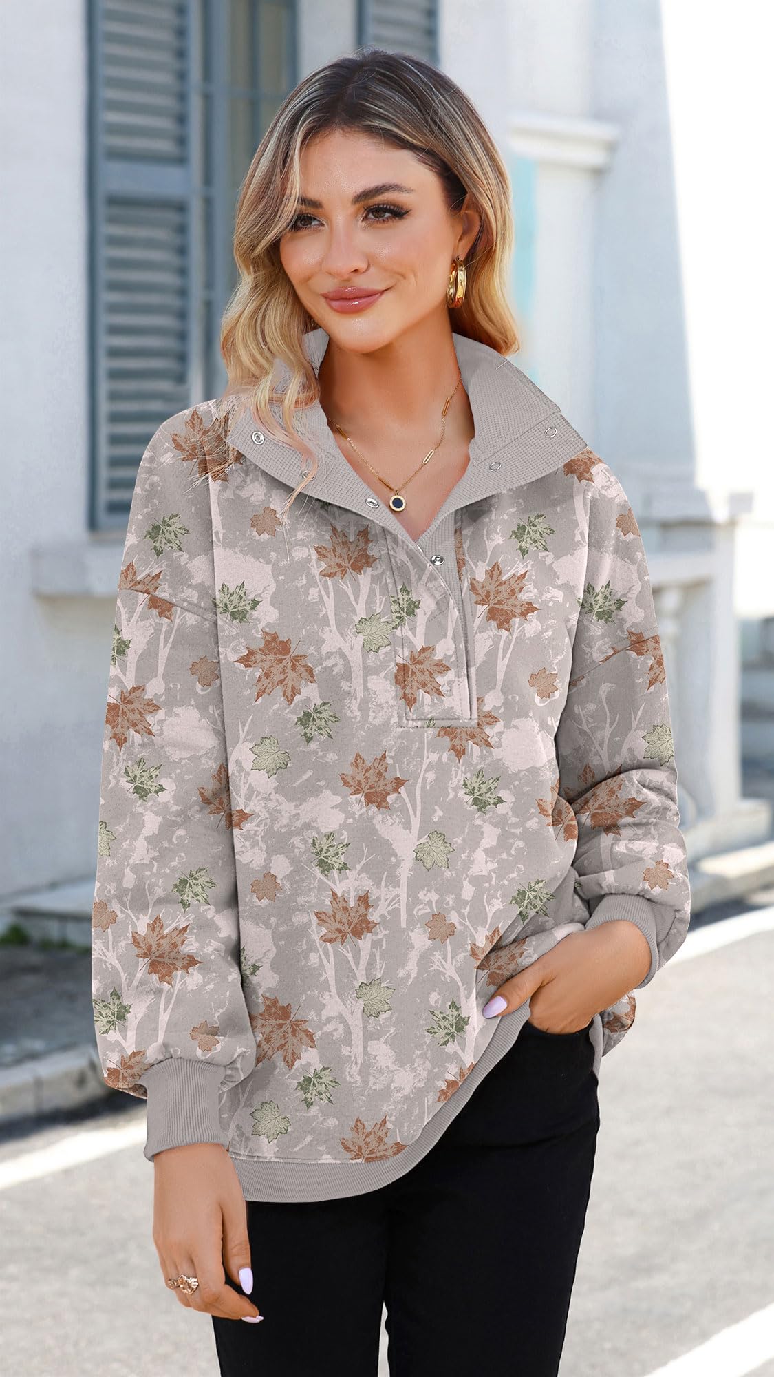 Soesdemo Oversized Sweatshirts for Women No Hood Mock Neck Fleece Lined Waffle Long Sleeve Button Pullover Tunic Sweatshirt