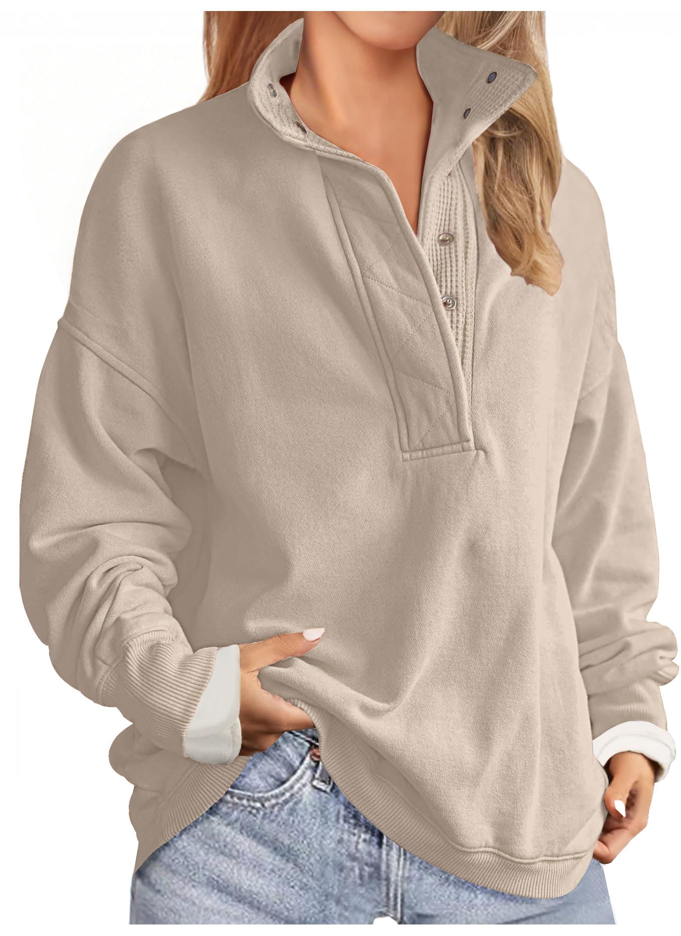 Soesdemo Oversized Sweatshirts for Women No Hood Mock Neck Fleece Lined Waffle Long Sleeve Button Pullover Tunic Sweatshirt