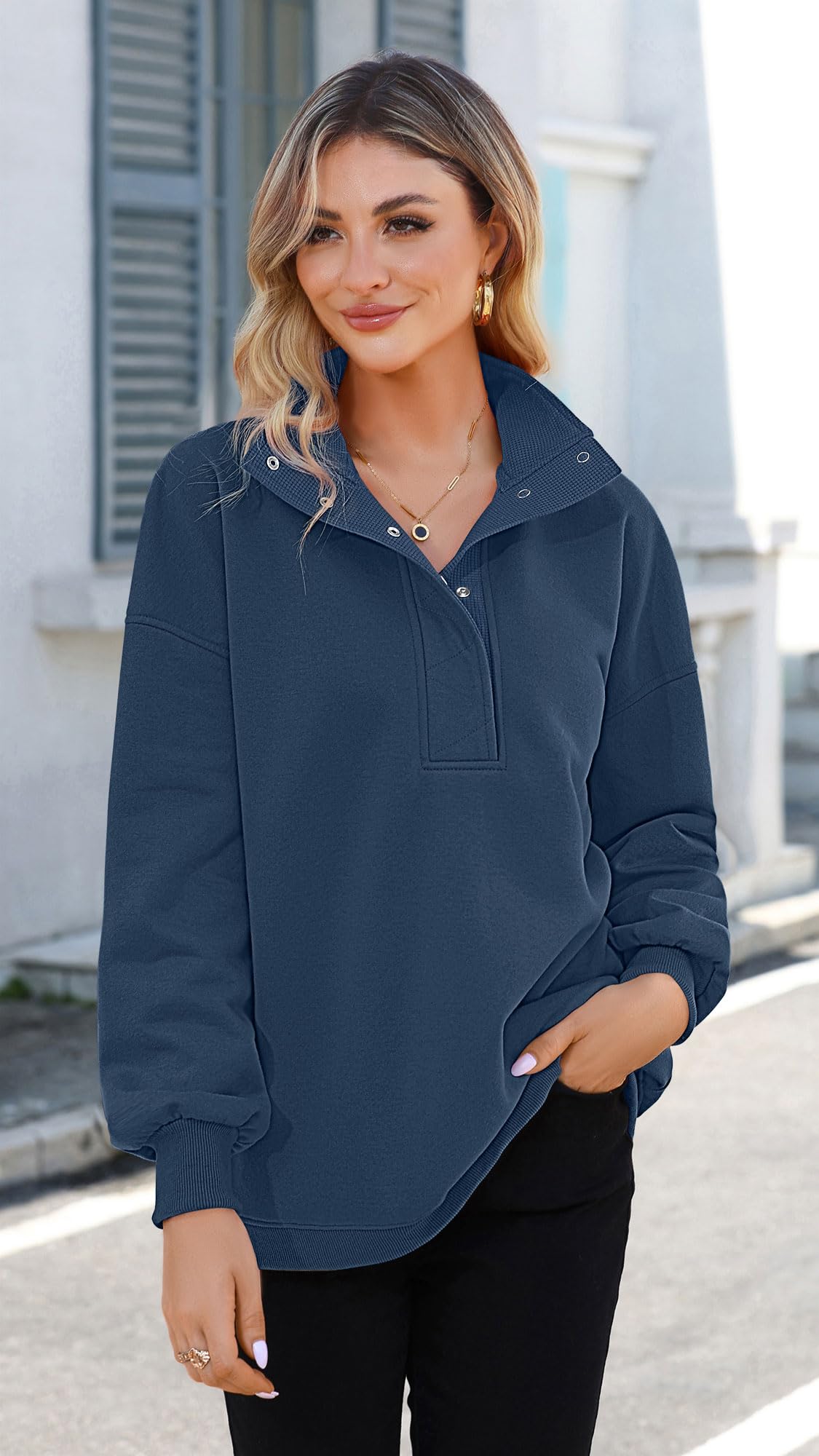 Soesdemo Oversized Sweatshirts for Women No Hood Mock Neck Fleece Lined Waffle Long Sleeve Button Pullover Tunic Sweatshirt