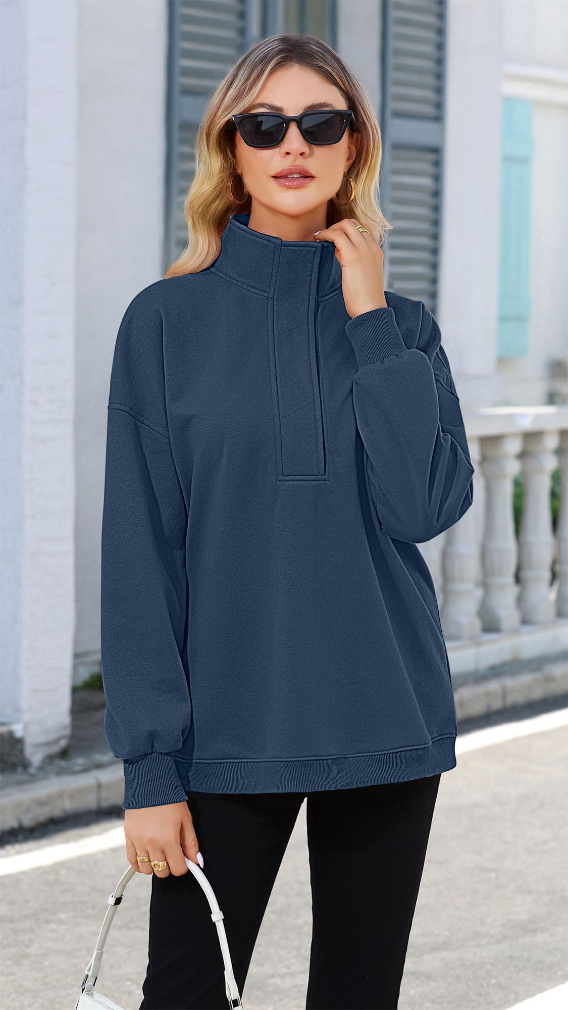 Soesdemo Oversized Sweatshirts for Women No Hood Mock Neck Fleece Lined Waffle Long Sleeve Button Pullover Tunic Sweatshirt