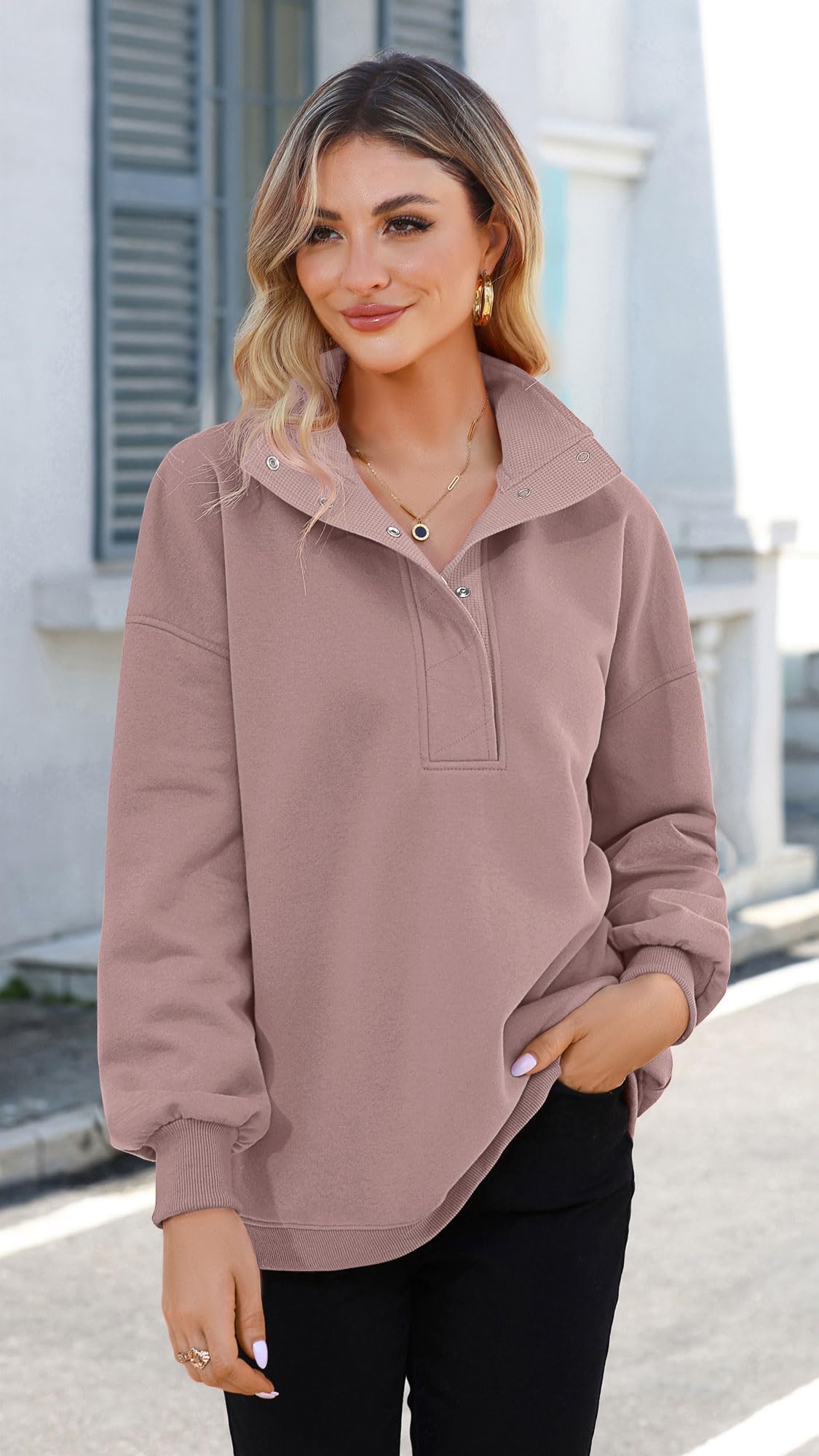 Soesdemo Oversized Sweatshirts for Women No Hood Mock Neck Fleece Lined Waffle Long Sleeve Button Pullover Tunic Sweatshirt