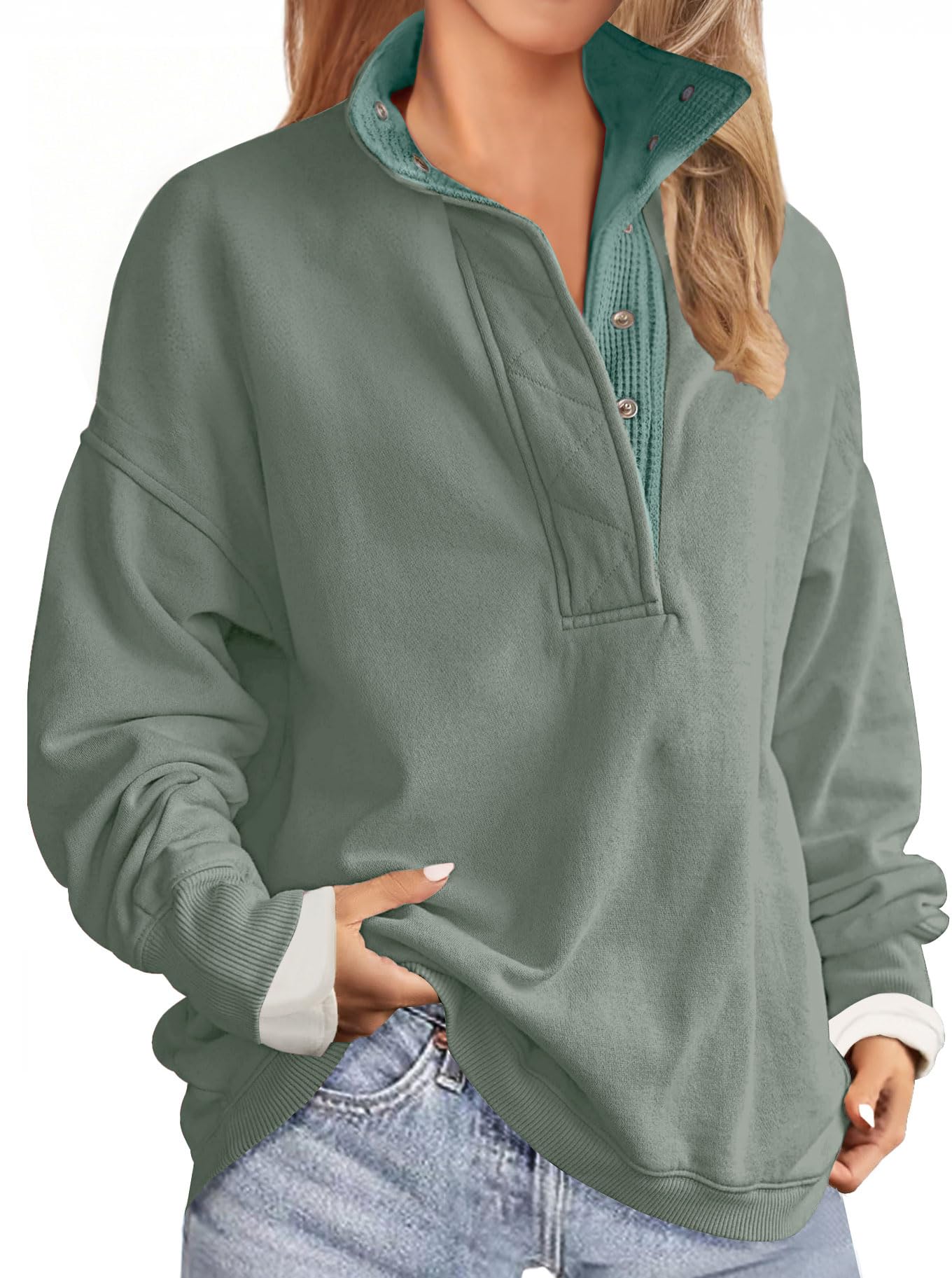 Soesdemo Oversized Sweatshirts for Women No Hood Mock Neck Fleece Lined Waffle Long Sleeve Button Pullover Tunic Sweatshirt