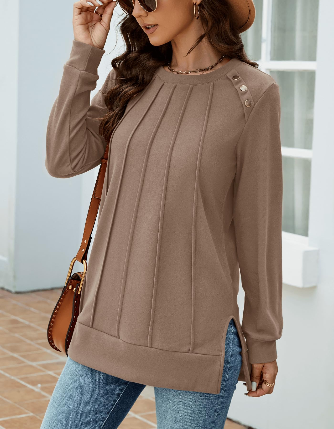 Odosalii Womens Long Sleeve Tops Crewneck Sweatshirts Pleated Front Sweaters Plain Shirts Trendy Side Split Fall Outfits