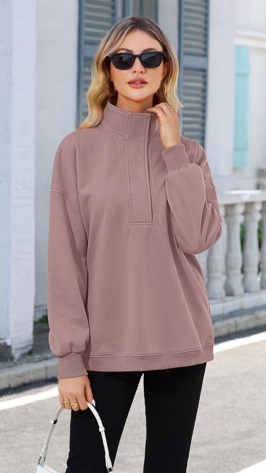Soesdemo Oversized Sweatshirts for Women No Hood Mock Neck Fleece Lined Waffle Long Sleeve Button Pullover Tunic Sweatshirt
