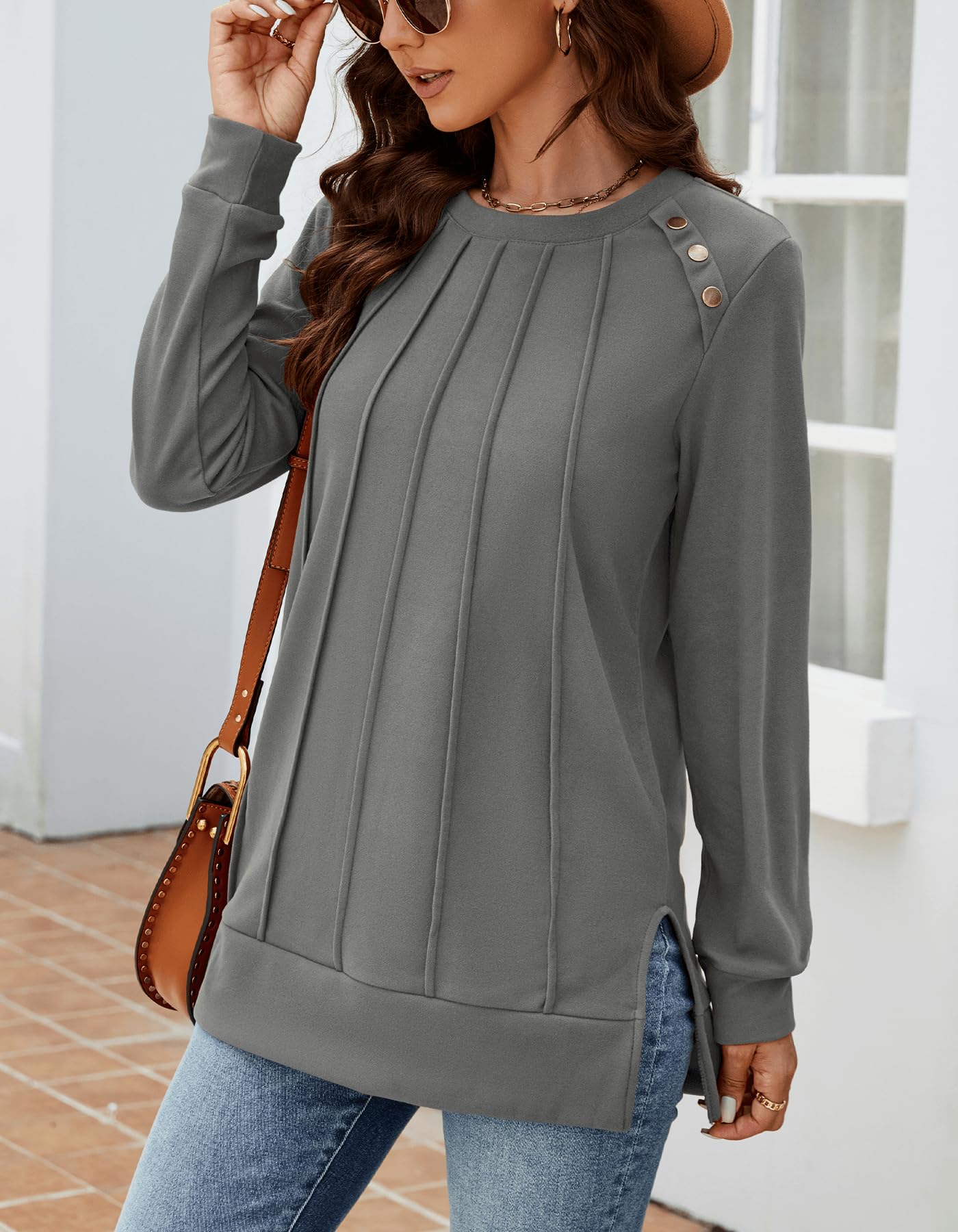 Odosalii Womens Long Sleeve Tops Crewneck Sweatshirts Pleated Front Sweaters Plain Shirts Trendy Side Split Fall Outfits