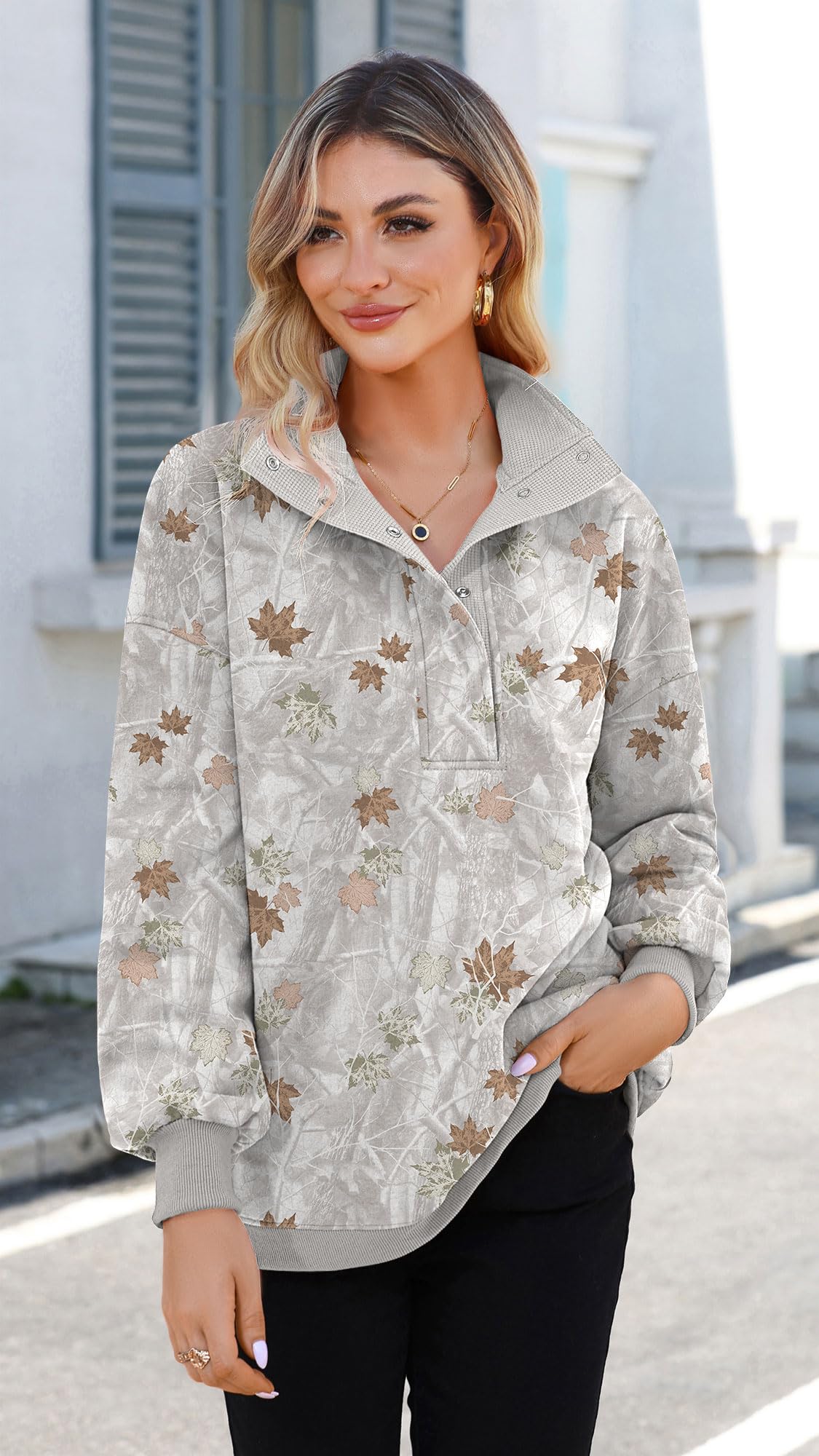 Soesdemo Oversized Sweatshirts for Women No Hood Mock Neck Fleece Lined Waffle Long Sleeve Button Pullover Tunic Sweatshirt