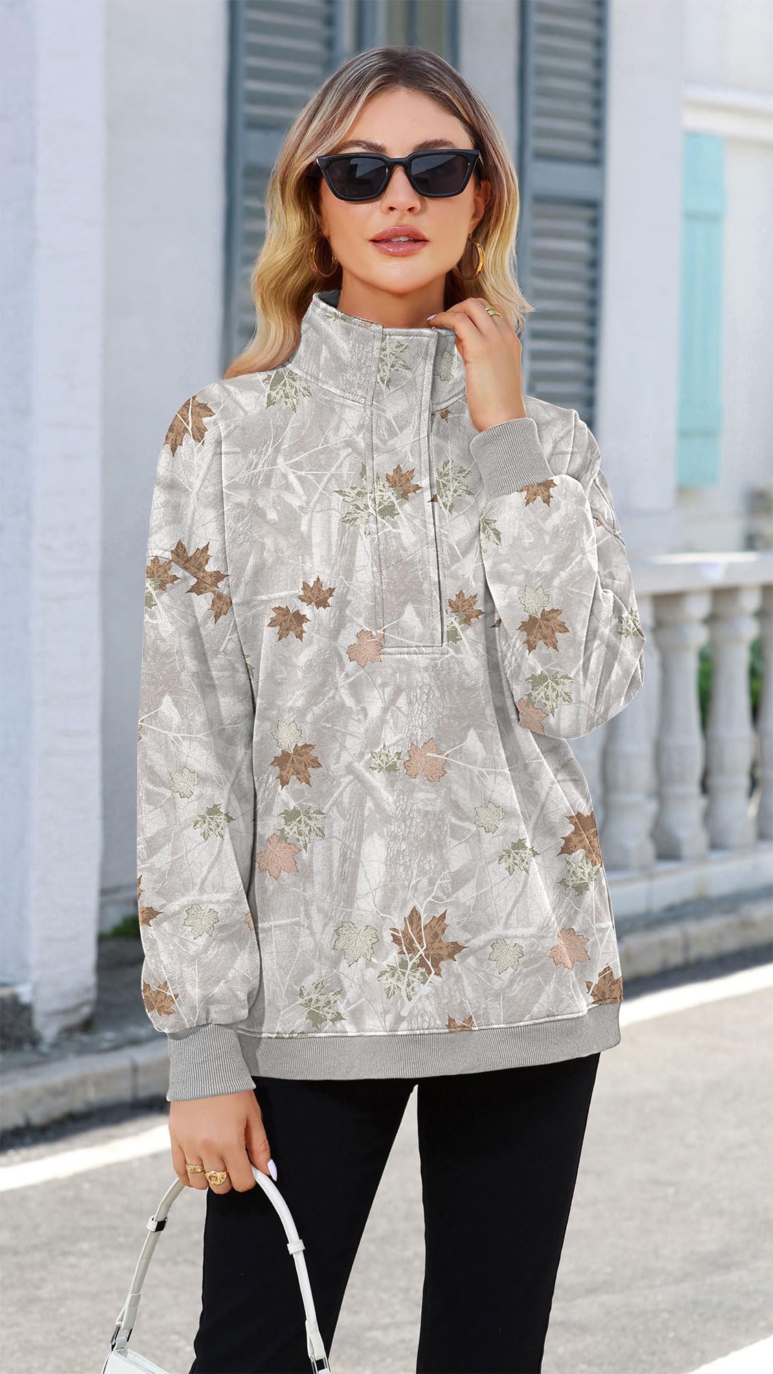 Soesdemo Oversized Sweatshirts for Women No Hood Mock Neck Fleece Lined Waffle Long Sleeve Button Pullover Tunic Sweatshirt
