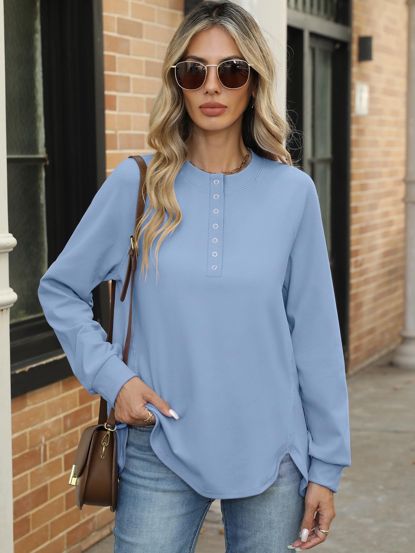 ANRABESS Women's Long Sleeve Henley Tops Tunic Sweatshirt Loose Slit Casual Button Shirts Pullover 2025 Fall Winter Outfits