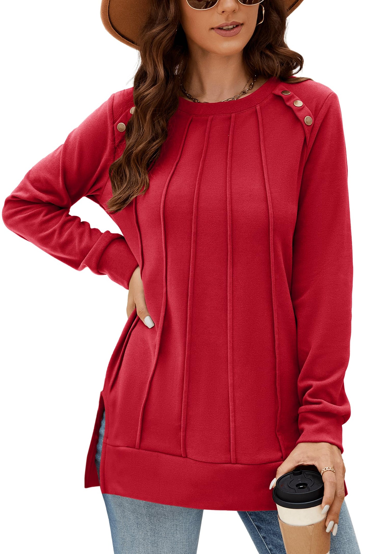 Odosalii Womens Long Sleeve Tops Crewneck Sweatshirts Pleated Front Sweaters Plain Shirts Trendy Side Split Fall Outfits
