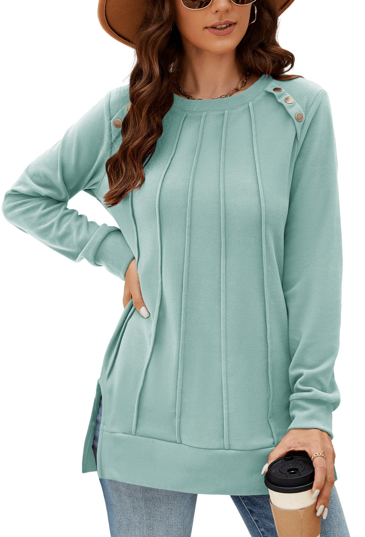 Odosalii Womens Long Sleeve Tops Crewneck Sweatshirts Pleated Front Sweaters Plain Shirts Trendy Side Split Fall Outfits