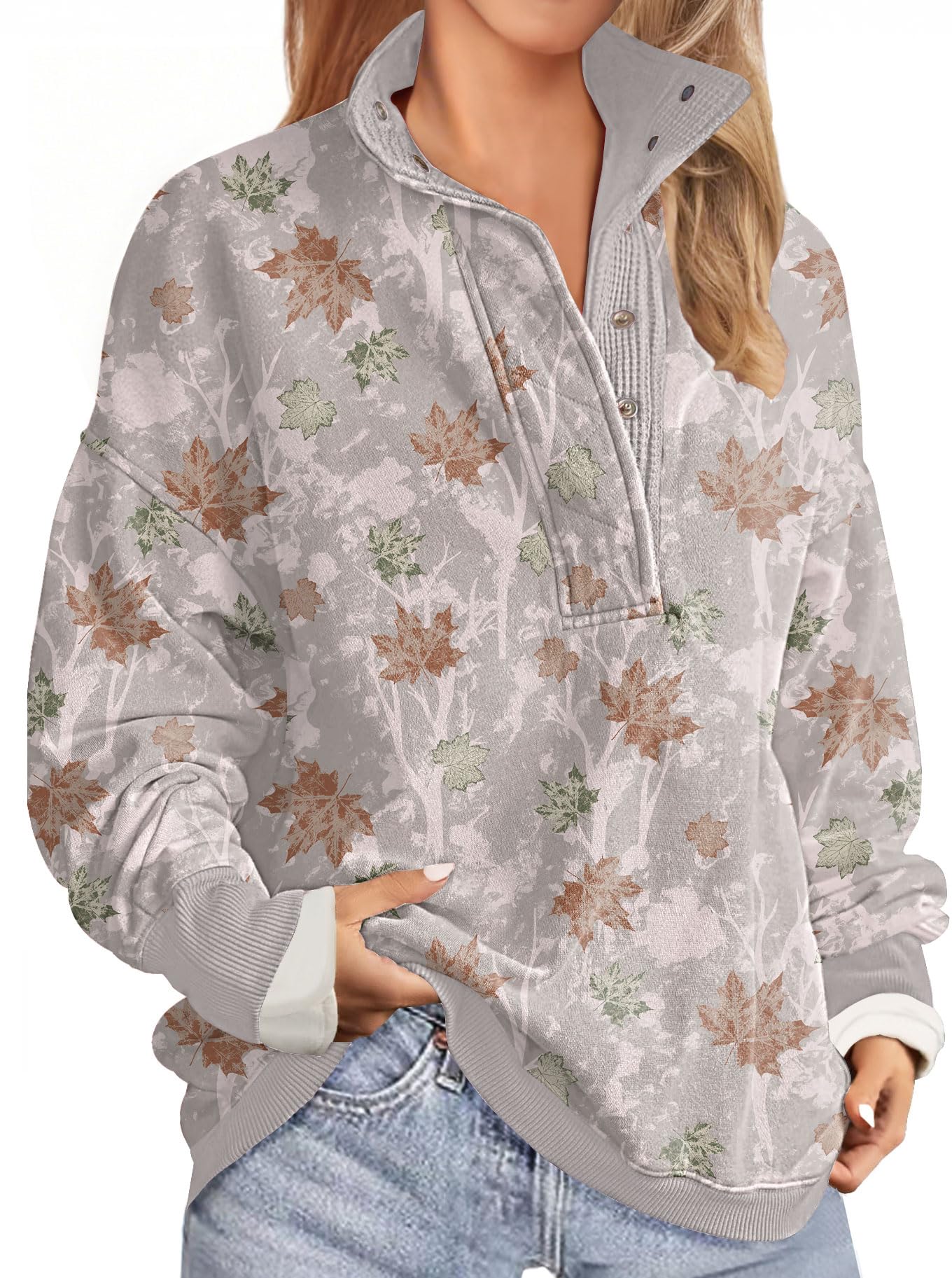 Soesdemo Oversized Sweatshirts for Women No Hood Mock Neck Fleece Lined Waffle Long Sleeve Button Pullover Tunic Sweatshirt