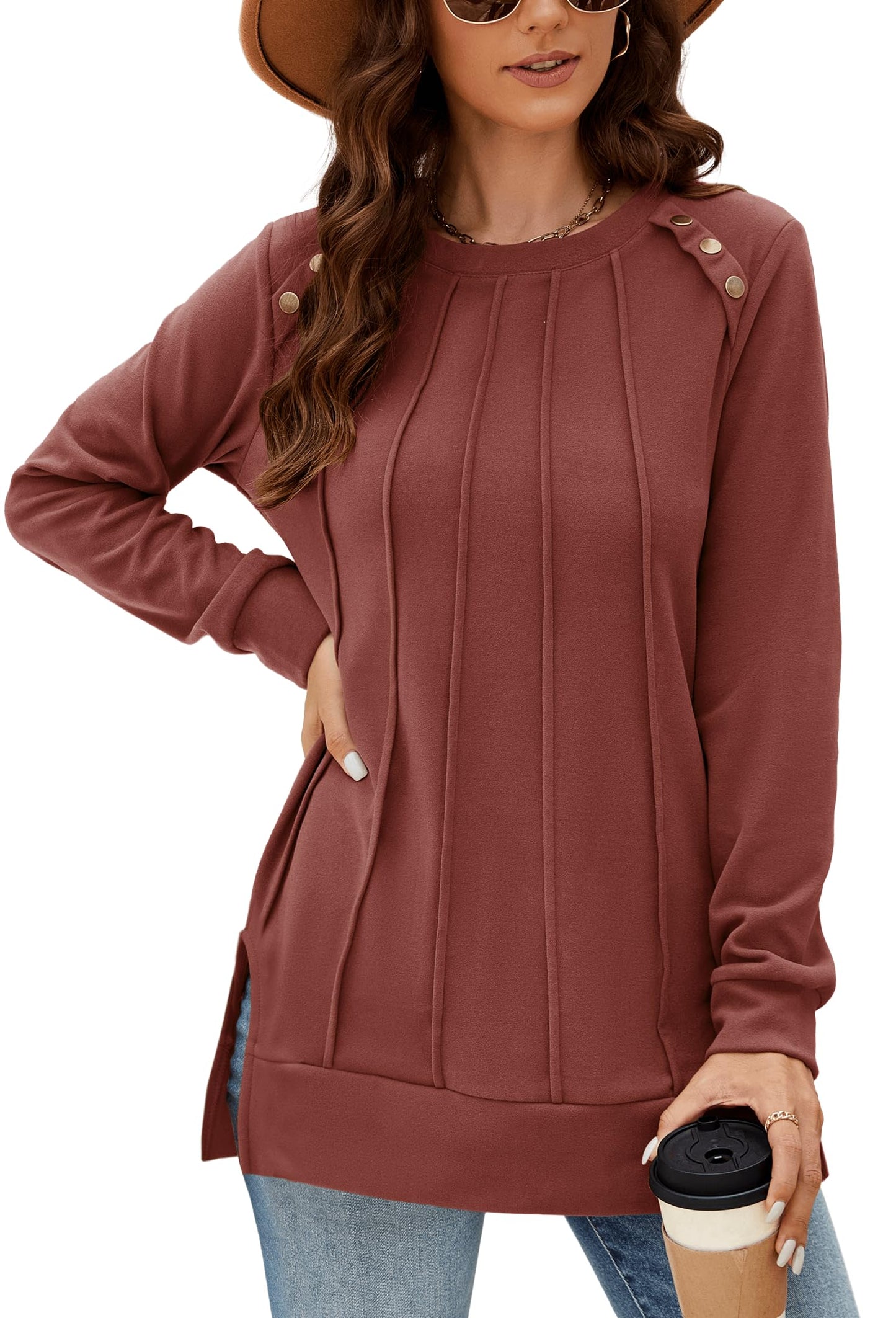 Odosalii Womens Long Sleeve Tops Crewneck Sweatshirts Pleated Front Sweaters Plain Shirts Trendy Side Split Fall Outfits