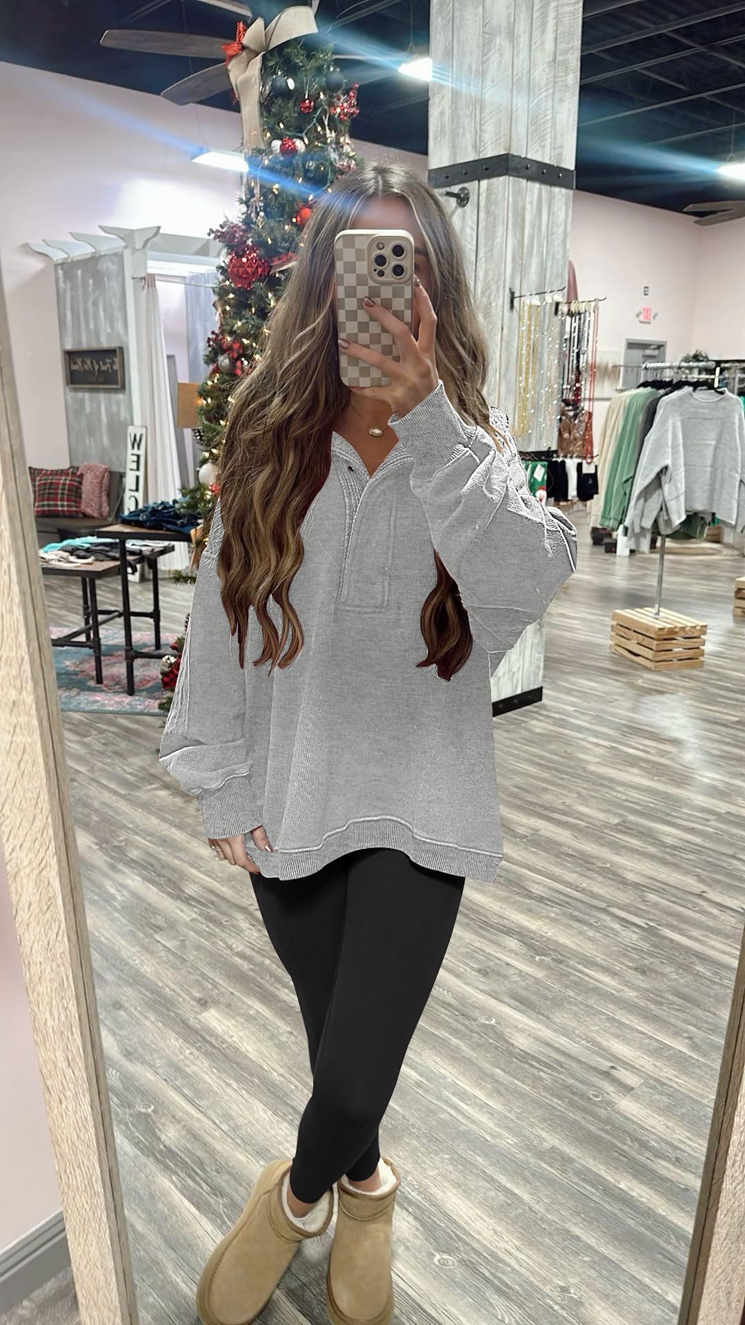 Soesdemo Oversized Sweatshirts for Women No Hood Mock Neck Fleece Lined Waffle Long Sleeve Button Pullover Tunic Sweatshirt
