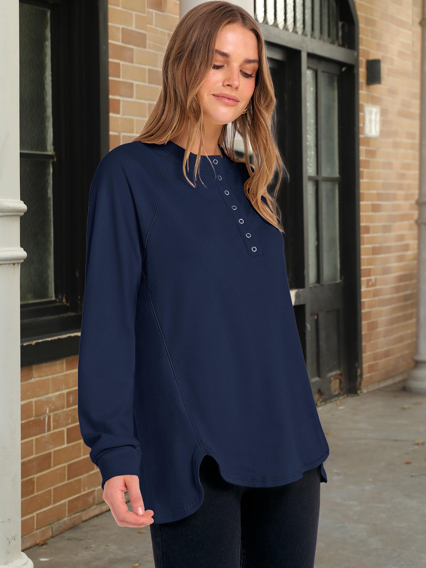 ANRABESS Women's Long Sleeve Henley Tops Tunic Sweatshirt Loose Slit Casual Button Shirts Pullover 2025 Fall Winter Outfits