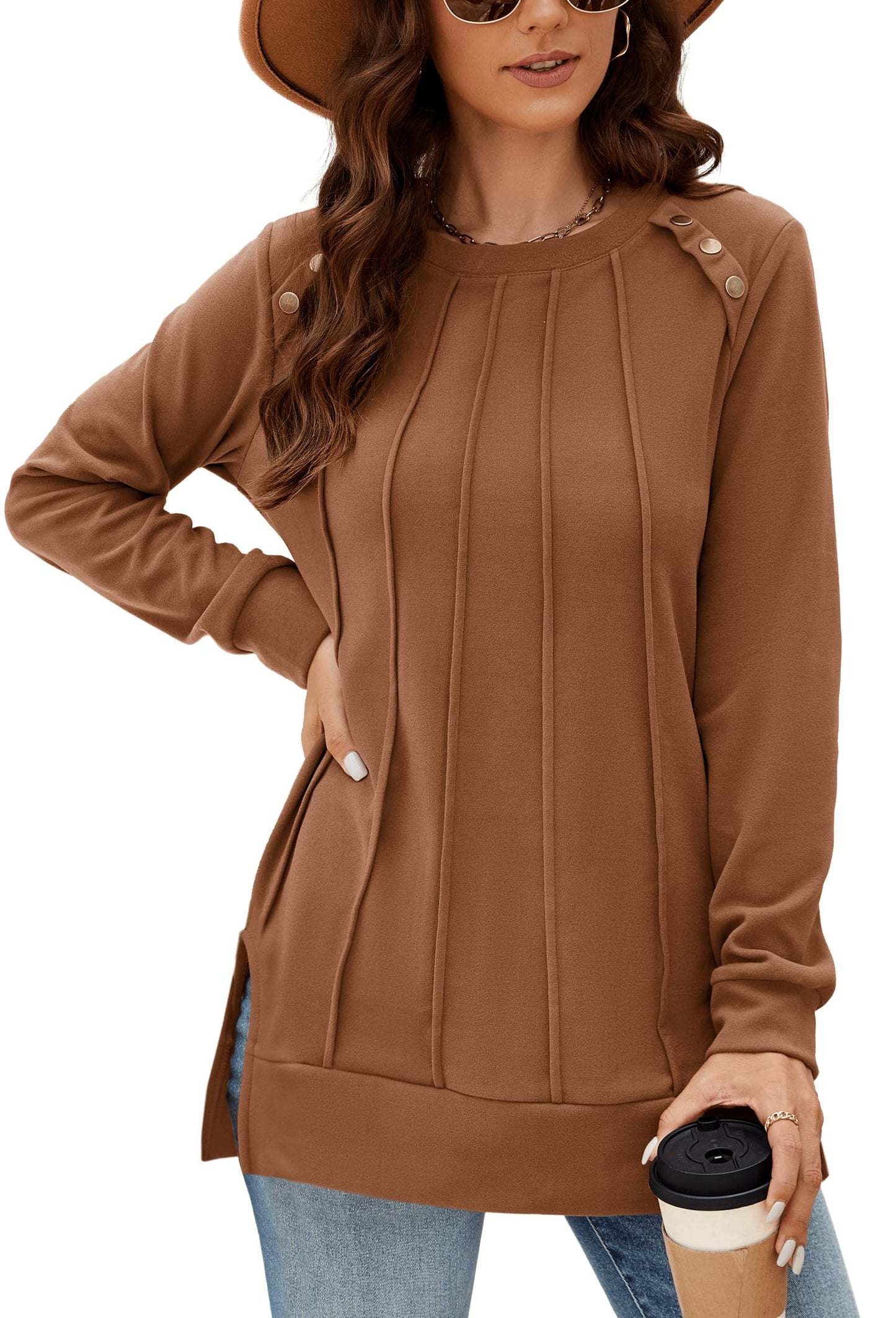 Odosalii Womens Long Sleeve Tops Crewneck Sweatshirts Pleated Front Sweaters Plain Shirts Trendy Side Split Fall Outfits