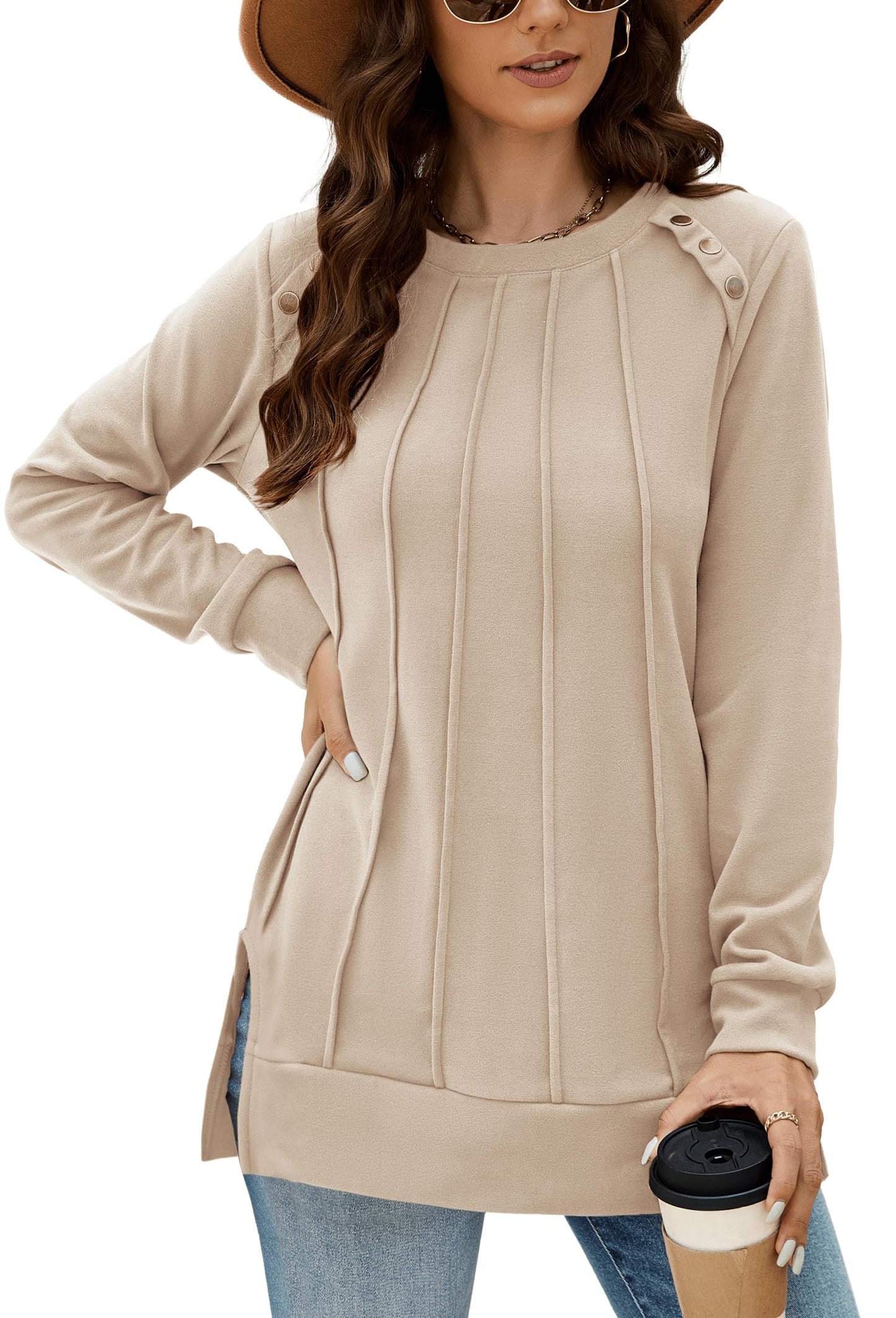 Odosalii Womens Long Sleeve Tops Crewneck Sweatshirts Pleated Front Sweaters Plain Shirts Trendy Side Split Fall Outfits
