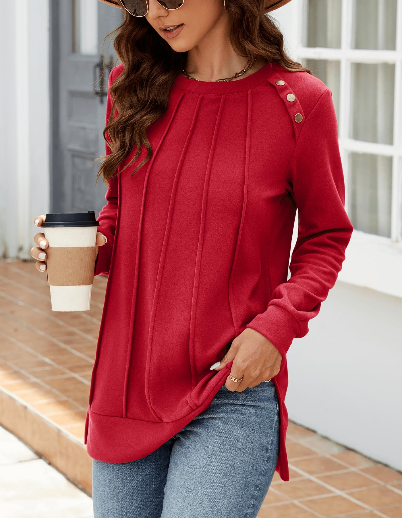 Odosalii Womens Long Sleeve Tops Crewneck Sweatshirts Pleated Front Sweaters Plain Shirts Trendy Side Split Fall Outfits