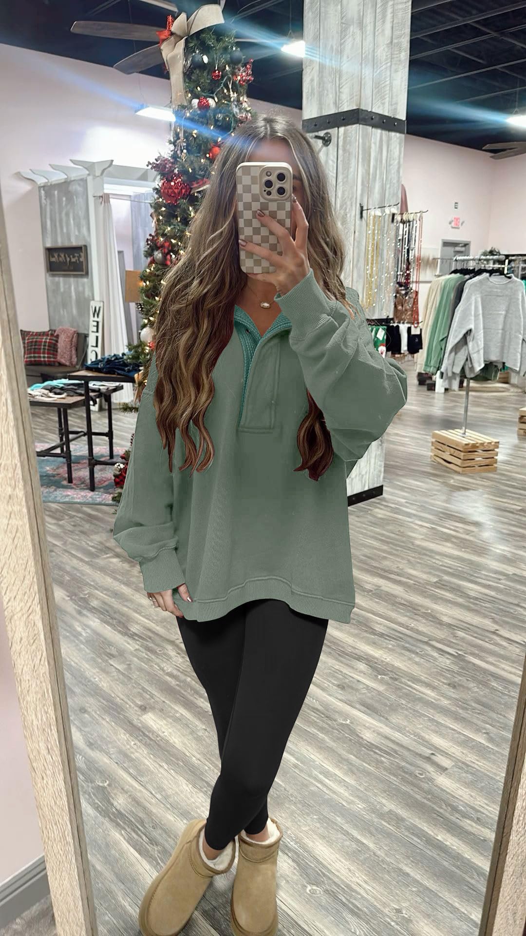 Soesdemo Oversized Sweatshirts for Women No Hood Mock Neck Fleece Lined Waffle Long Sleeve Button Pullover Tunic Sweatshirt
