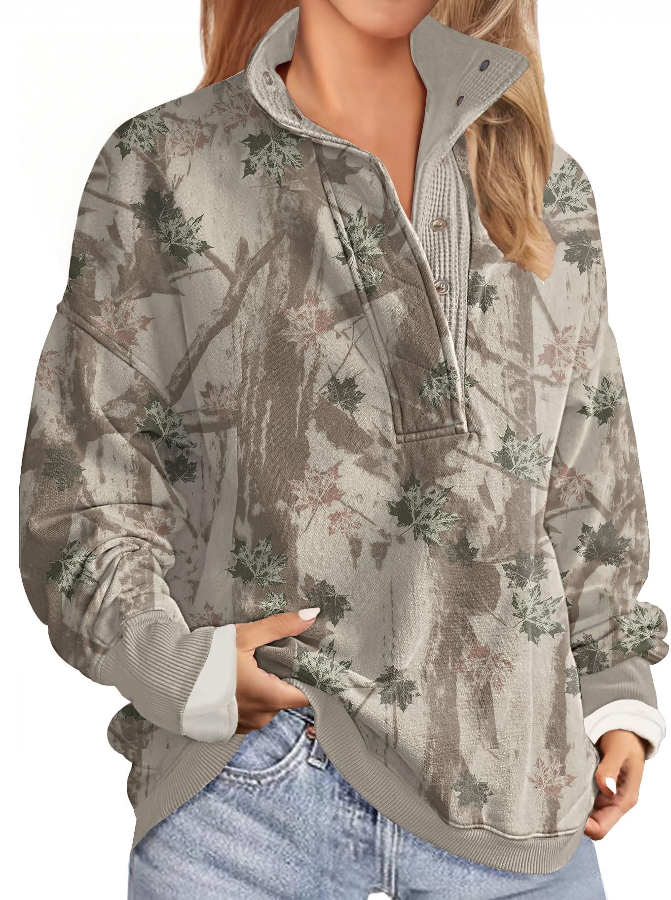 Soesdemo Oversized Sweatshirts for Women No Hood Mock Neck Fleece Lined Waffle Long Sleeve Button Pullover Tunic Sweatshirt