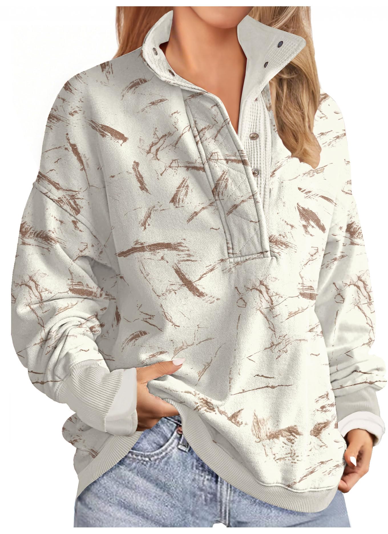 Soesdemo Oversized Sweatshirts for Women No Hood Mock Neck Fleece Lined Waffle Long Sleeve Button Pullover Tunic Sweatshirt