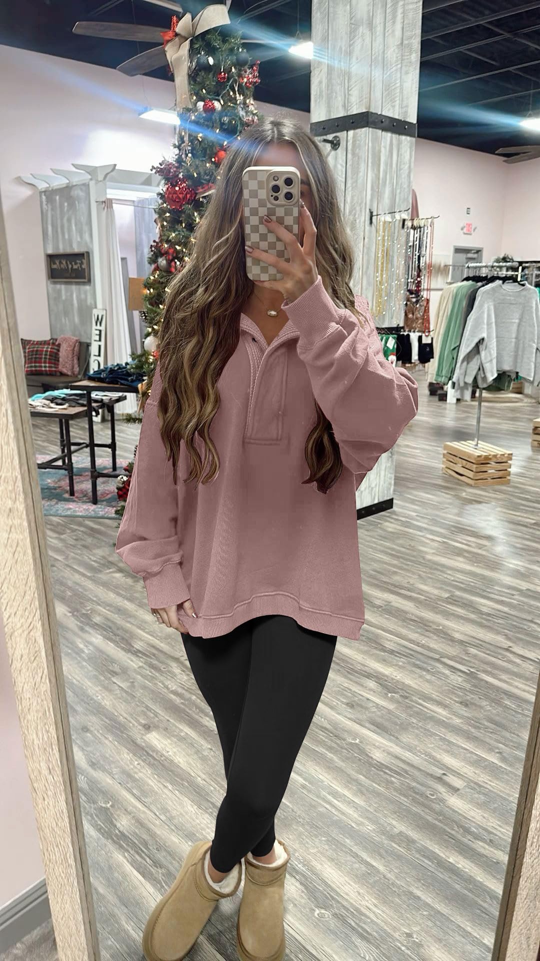 Soesdemo Oversized Sweatshirts for Women No Hood Mock Neck Fleece Lined Waffle Long Sleeve Button Pullover Tunic Sweatshirt