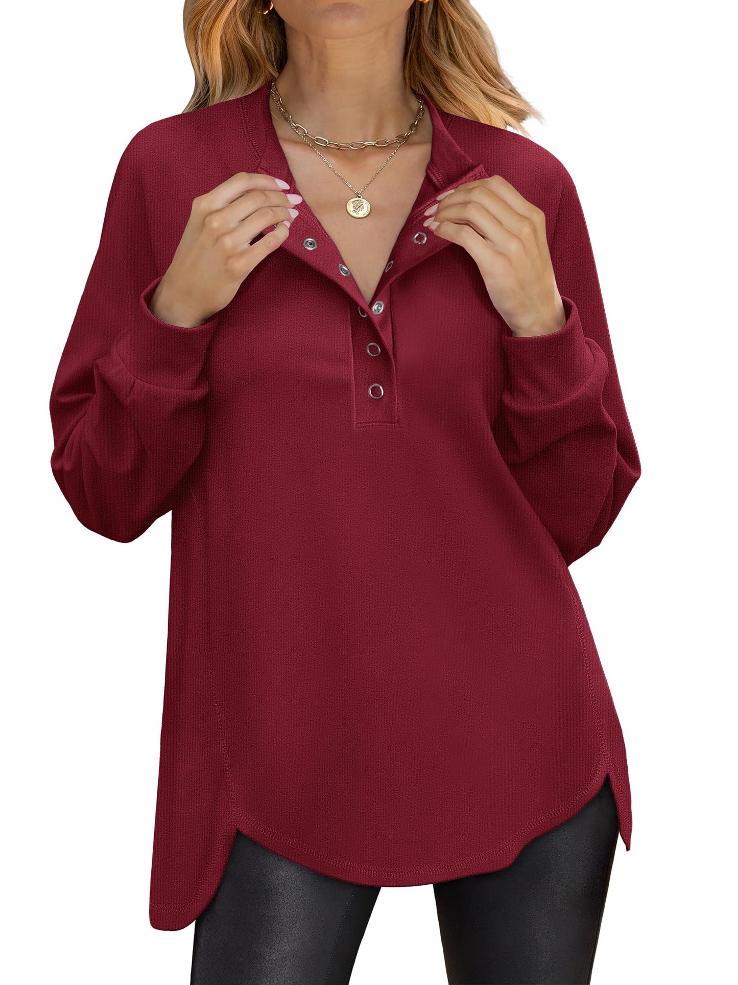 ANRABESS Women's Long Sleeve Henley Tops Tunic Sweatshirt Loose Slit Casual Button Shirts Pullover 2025 Fall Winter Outfits